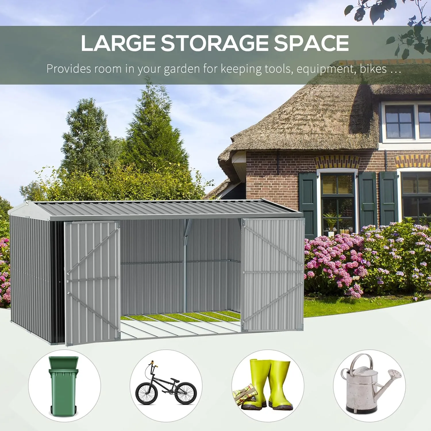 14 x 8ft Outdoor Garden Metal Shed with Lockable Door, Tool Storage Box with Sloped Roof, 4 Windows and Floor Foundation for Garden, Patio and Lawn - Grey