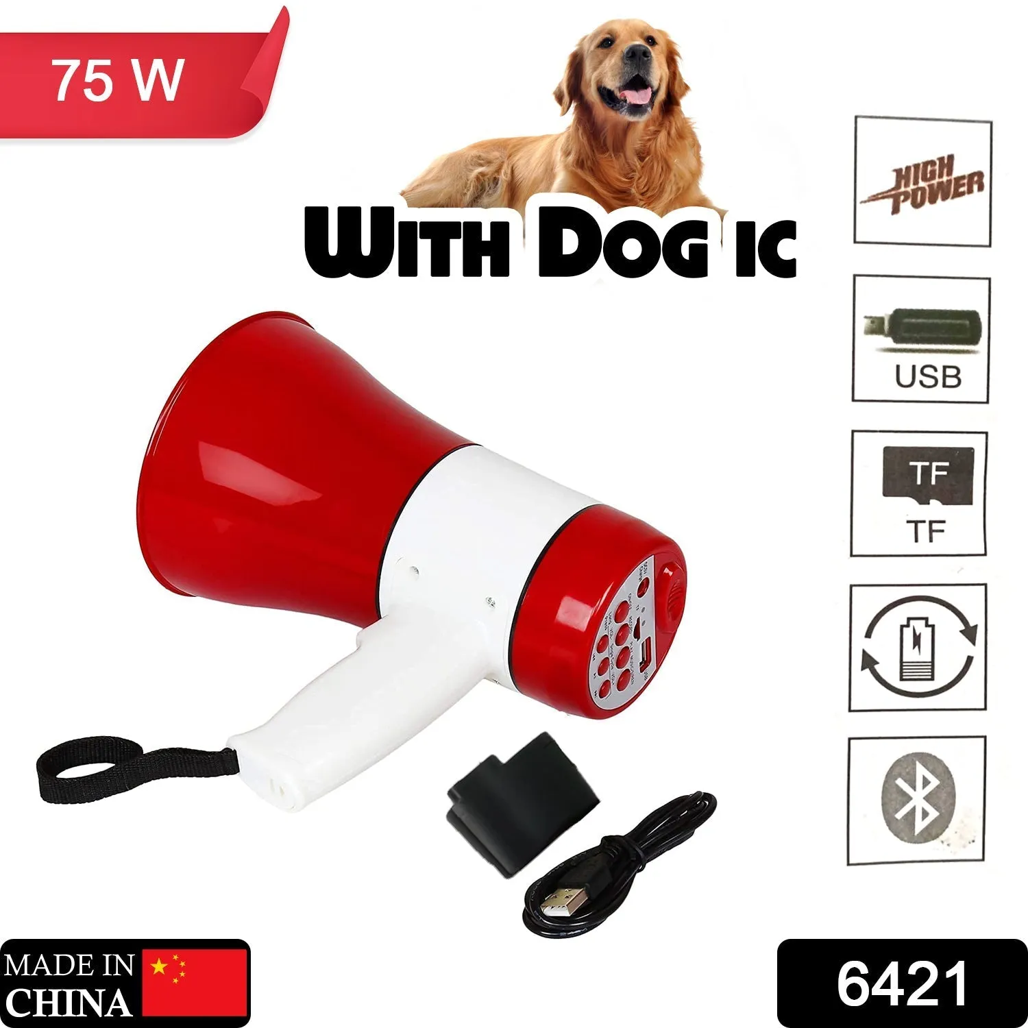 6421 Megaphone Bluetooth 75 Watts Handheld Dynamic Megaphone Outdoor, Indoor PA System Talk / Record / Play / Music / Siren with dog ic