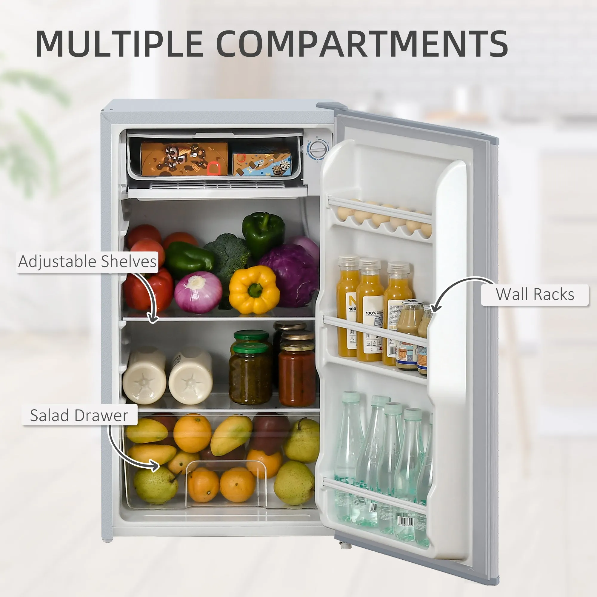 91 Litre Freestanding Under Counter Fridge Freezer w/ Chiller Box, Reversible Door, Adjustable Thermostat, 47.5cm Wide, Noise Level