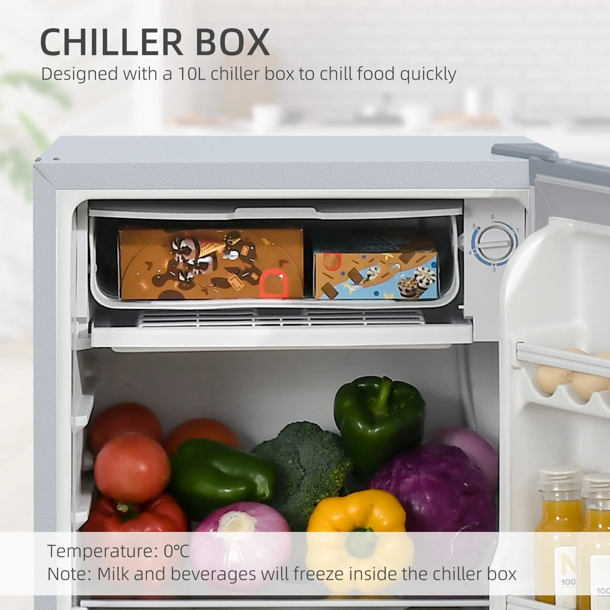 91 Litre Freestanding Under Counter Fridge Freezer w/ Chiller Box, Reversible Door, Adjustable Thermostat, 47.5cm Wide, Noise Level