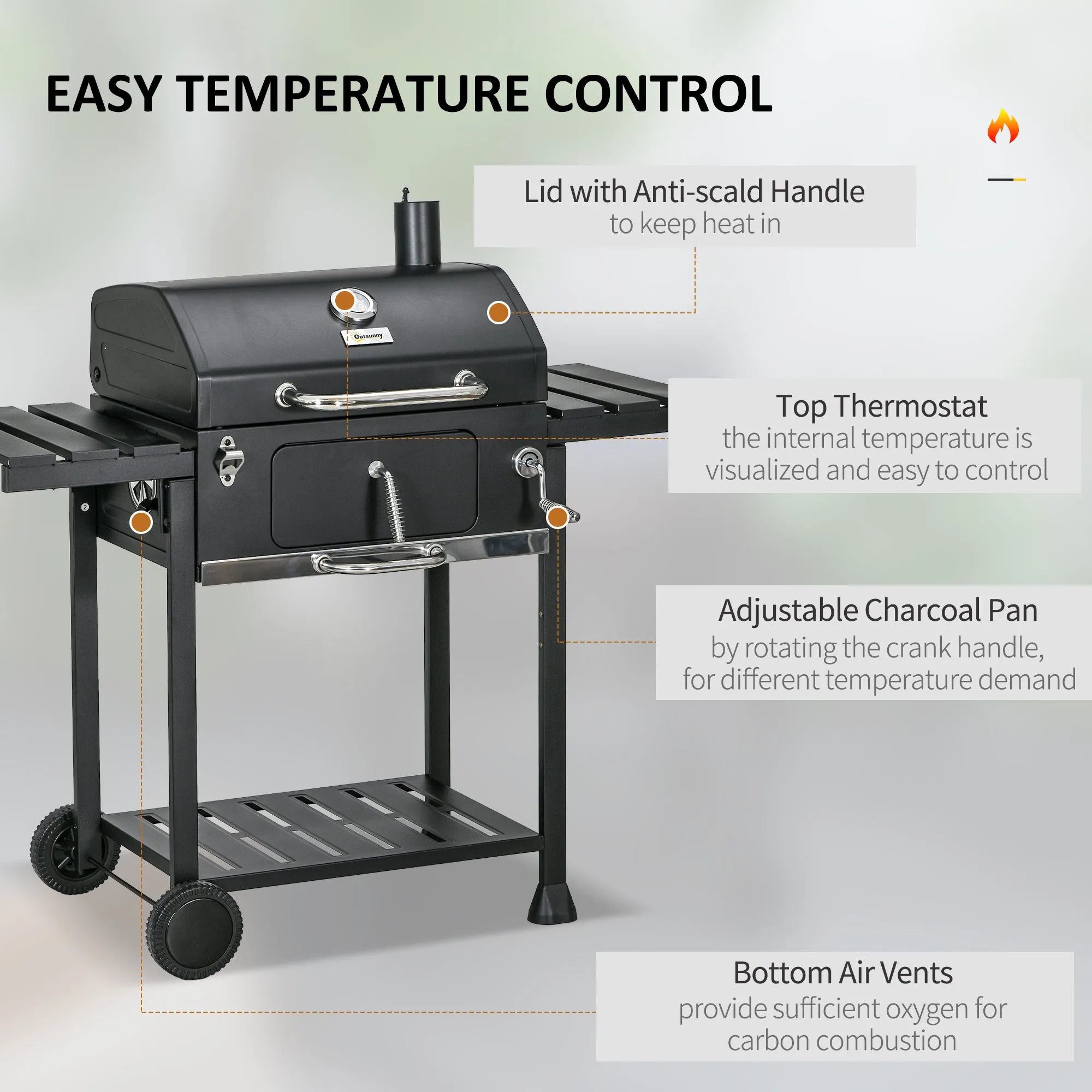 Adjustable Charcoal Pan BBQ, with Thermometer and Warming Rack