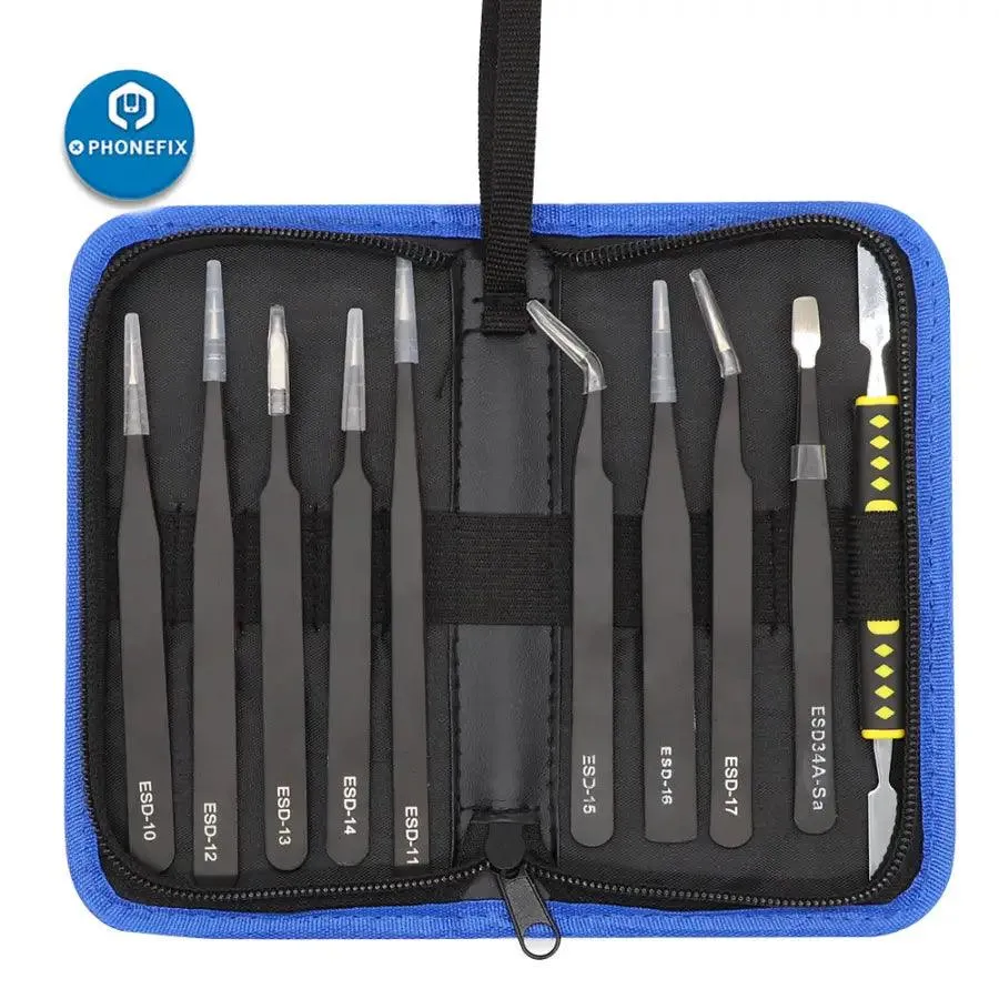 Anti-static Stainless Steel Precision Tweezers Set ESD Repair Toolkit