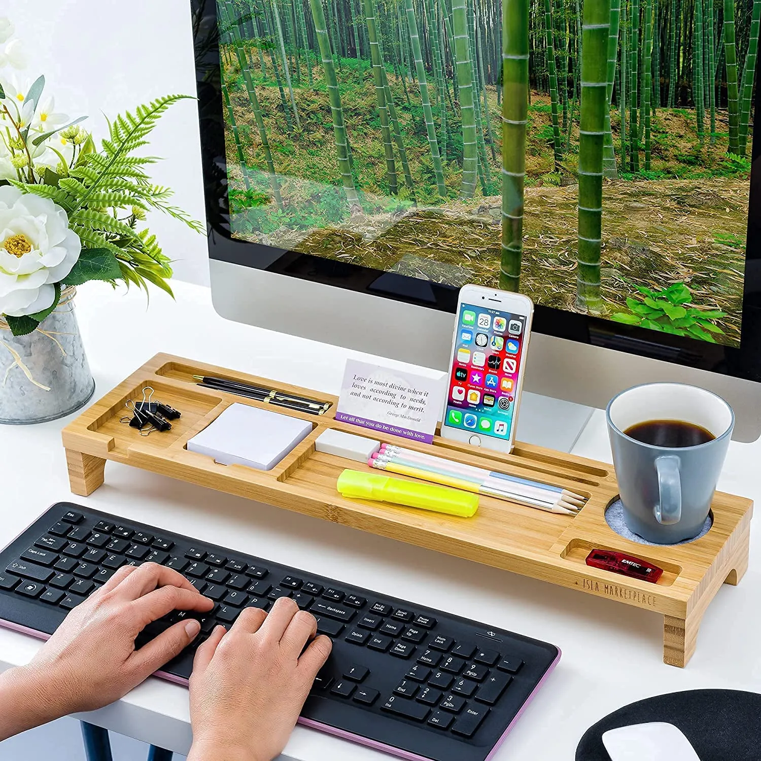 Bamboo Desk Organizer with Keyboard Storage and Phone holder for Home and Office