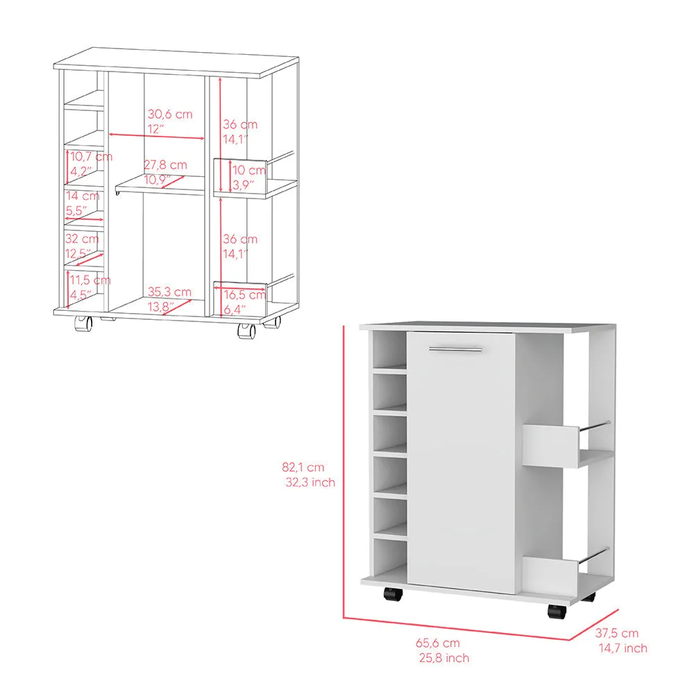 Bar Cart with Six-Wine Cubbies Cabot, Two-Side Storage Shelves and