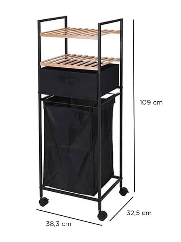 Bathroom Rack with 2 Bamboo Shelves and 40L Laundry Bag