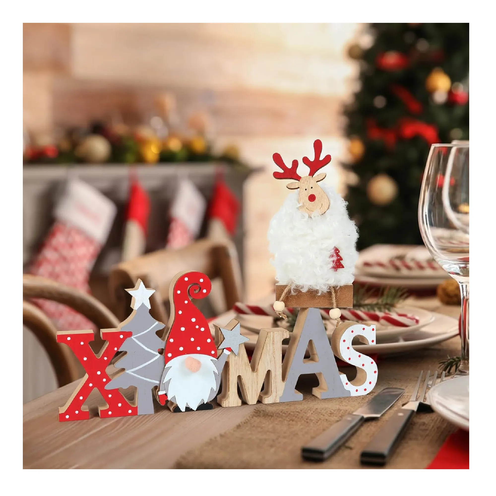 Christmas Table Wooden Sign Decorations for Home, Christmas Ornaments with XMAS Sign and Cute Furry Elk for Tabletop Tiered Tray Shelf Mantel Party Farmhouse Decor Indoor 2 PCS