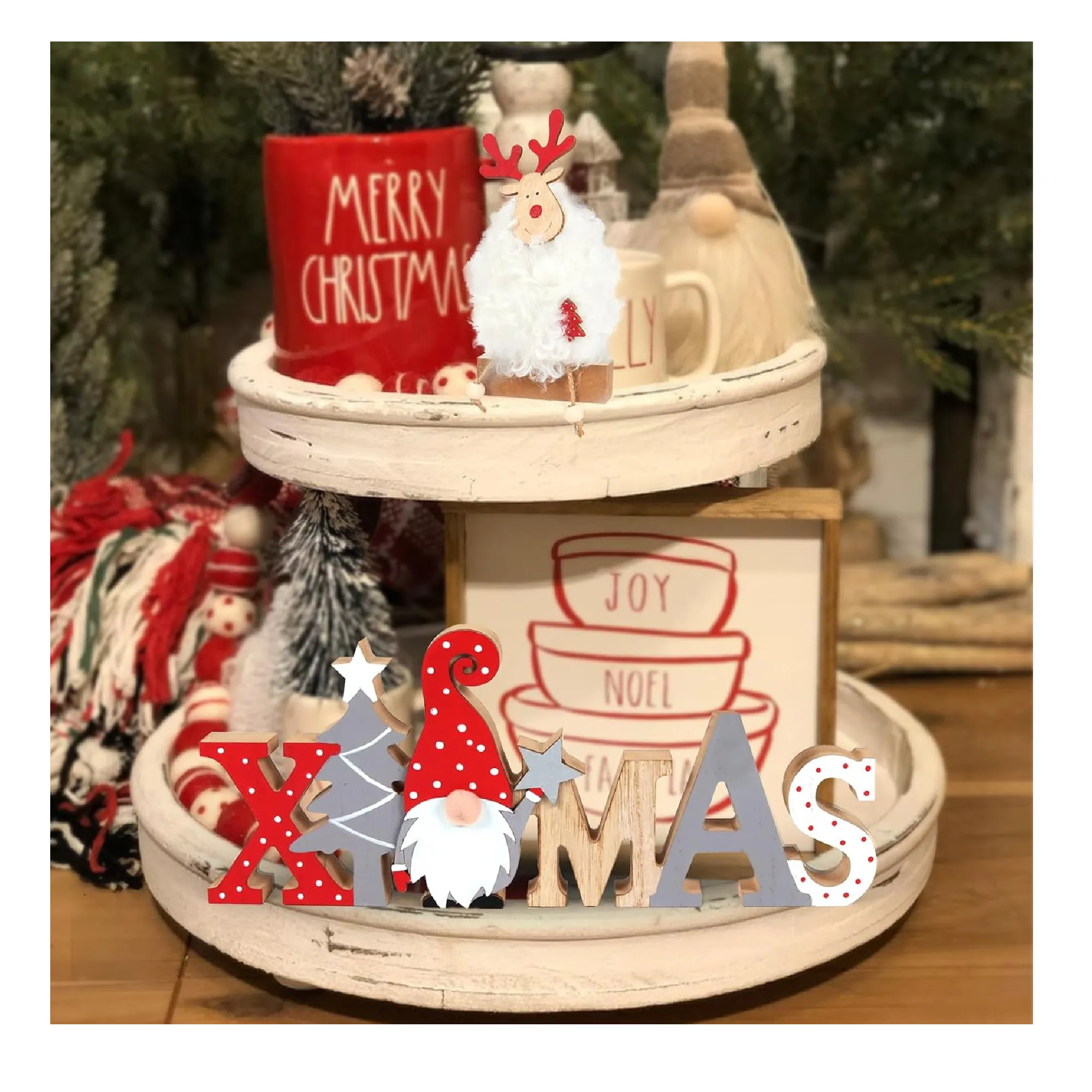 Christmas Table Wooden Sign Decorations for Home, Christmas Ornaments with XMAS Sign and Cute Furry Elk for Tabletop Tiered Tray Shelf Mantel Party Farmhouse Decor Indoor 2 PCS