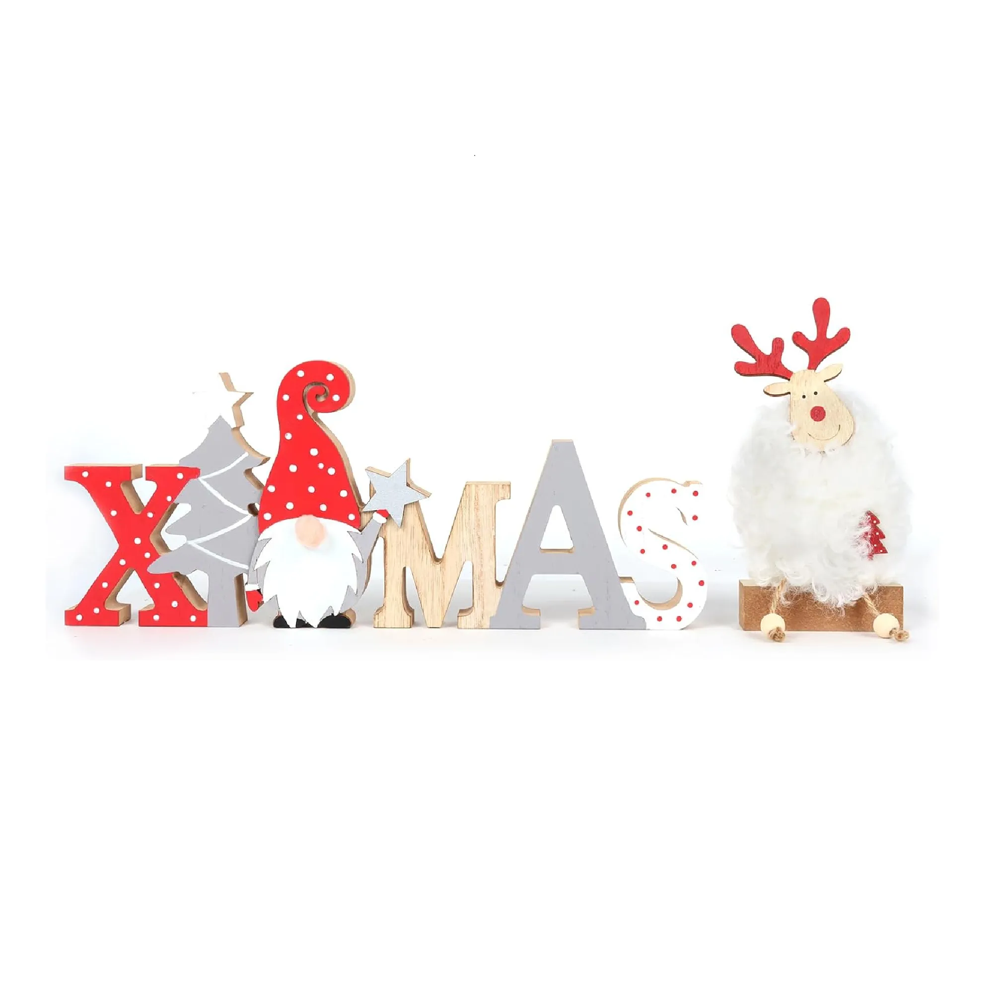 Christmas Table Wooden Sign Decorations for Home, Christmas Ornaments with XMAS Sign and Cute Furry Elk for Tabletop Tiered Tray Shelf Mantel Party Farmhouse Decor Indoor 2 PCS