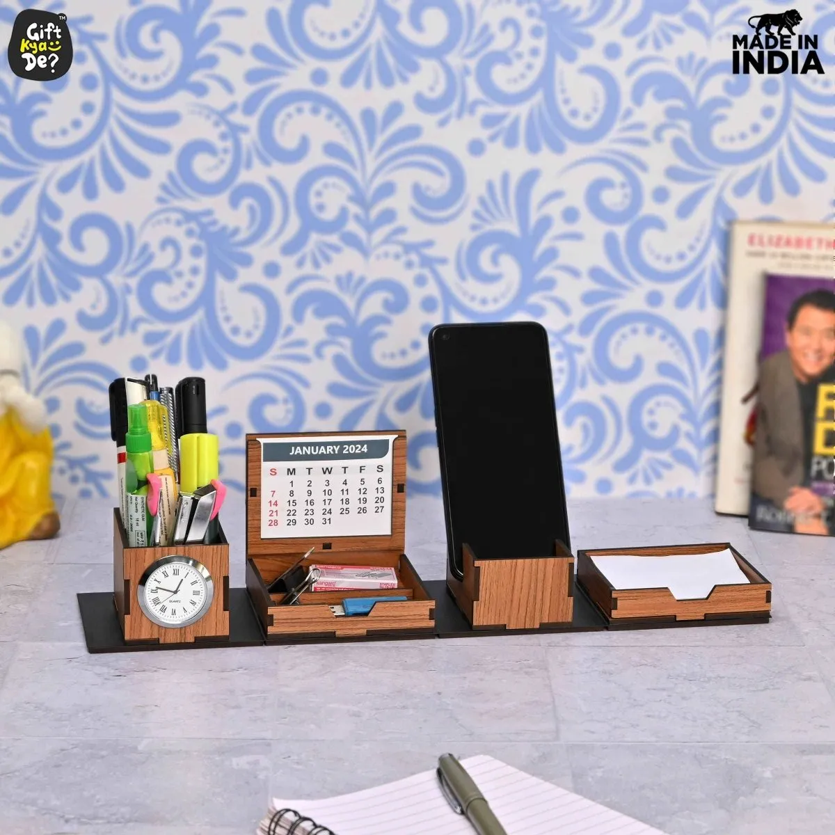 Foldable All in One Office Desk Organizer With Clock, Calendar 2025 & Mobile Stand | Desk Accessories