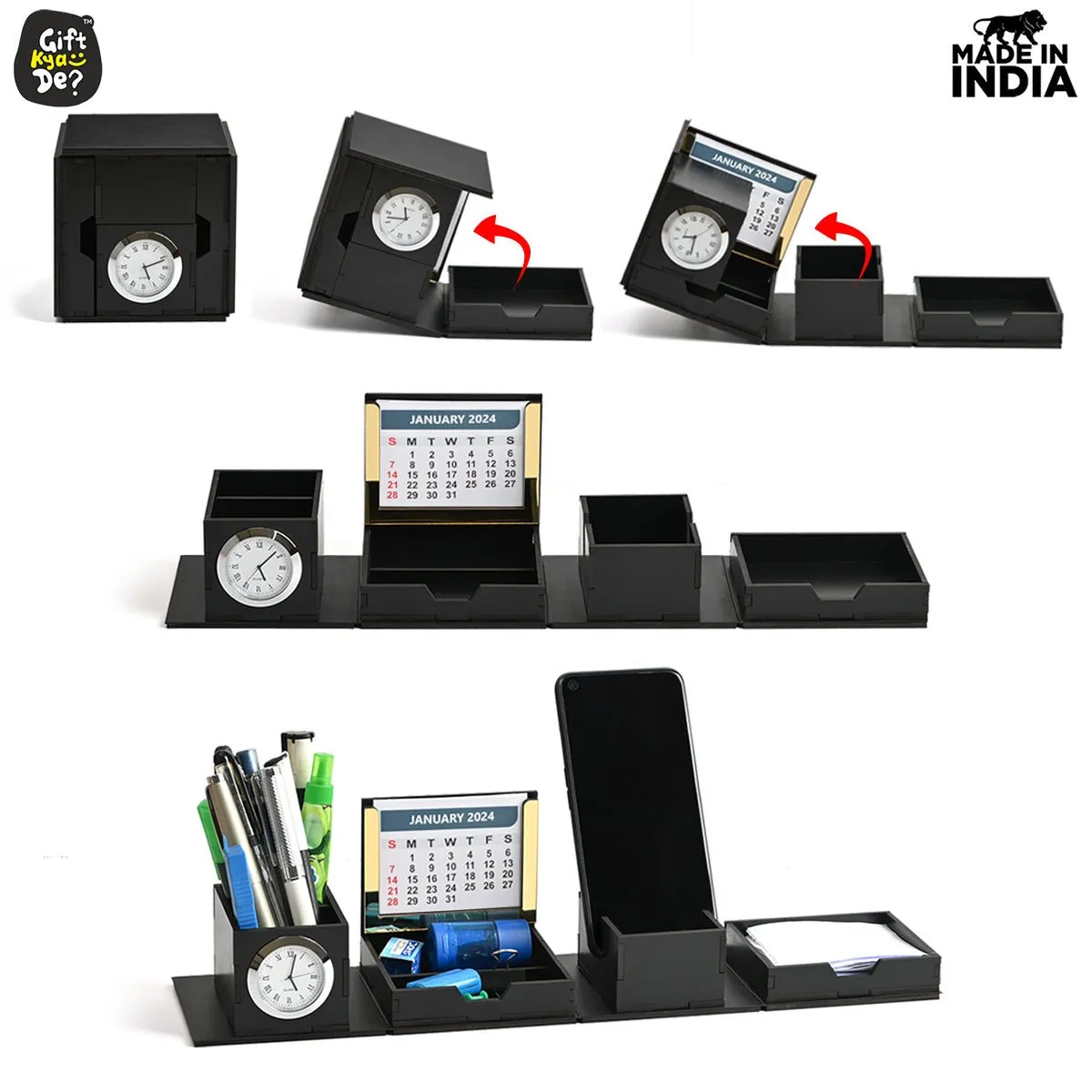 Foldable All in One Office Desk Organizer With Clock, Calendar 2025 & Mobile Stand | Desk Accessories