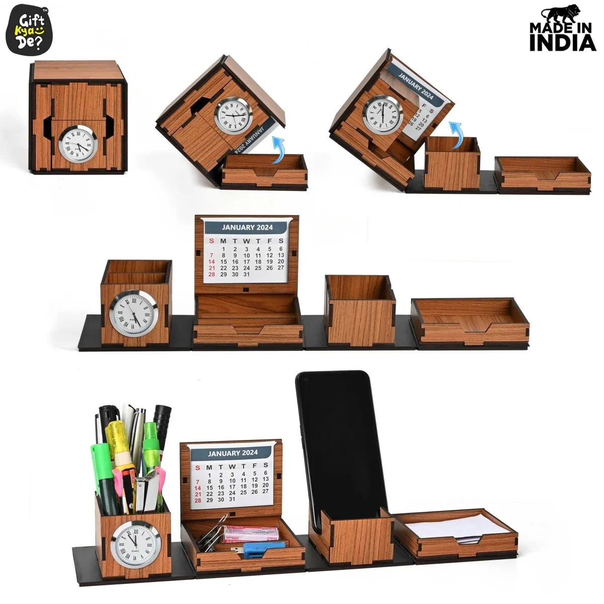 Foldable All in One Office Desk Organizer With Clock, Calendar 2025 & Mobile Stand | Desk Accessories