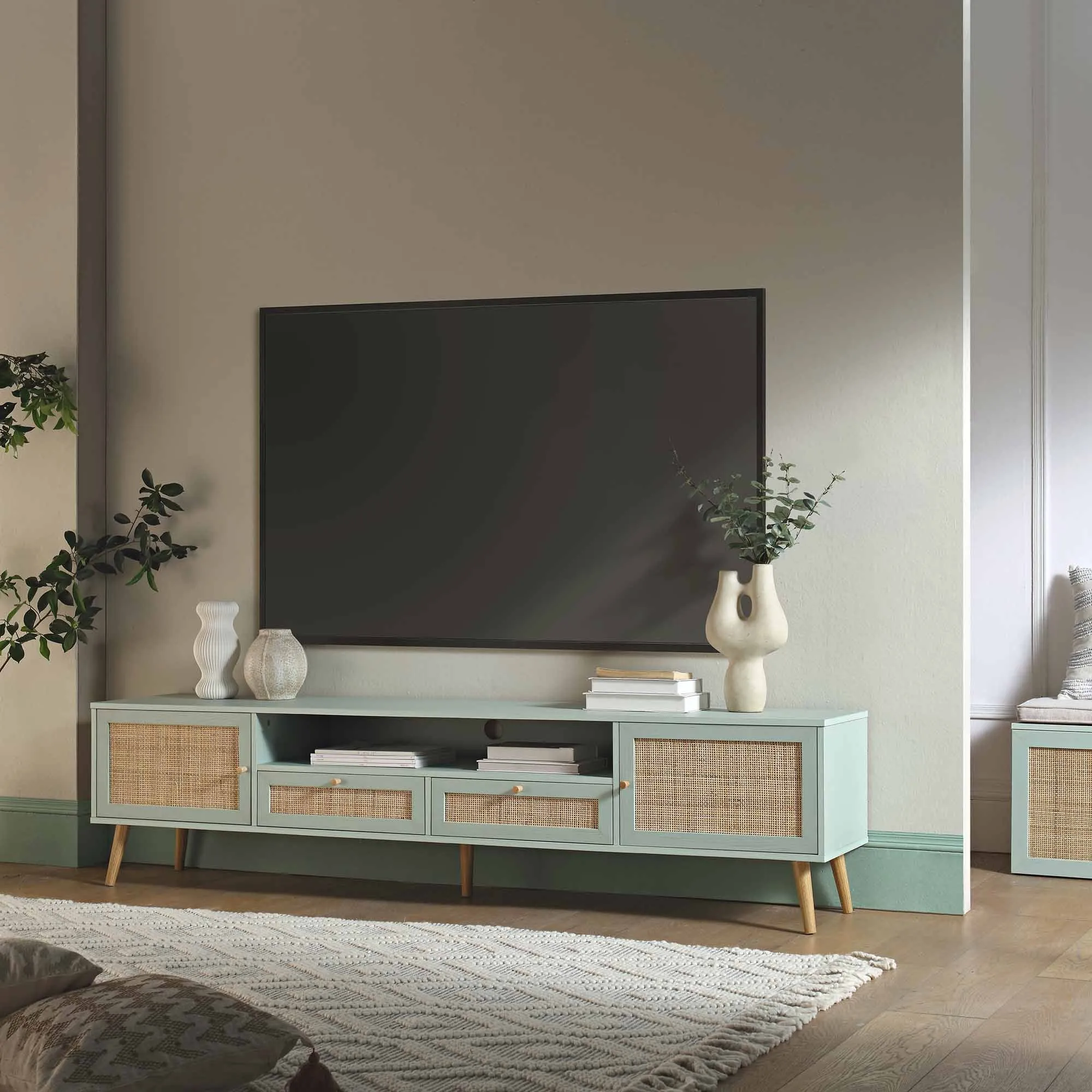 Frances Woven Rattan 200cm Wide TV Unit, Mint