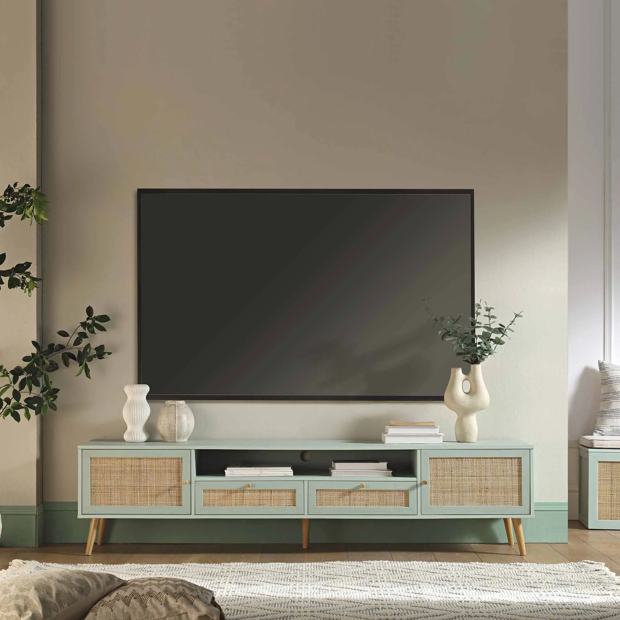 Frances Woven Rattan 200cm Wide TV Unit, Mint