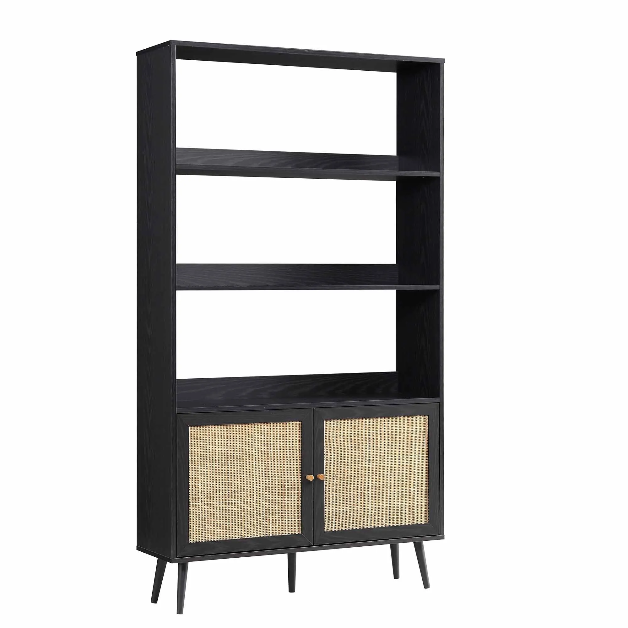 Frances Woven Rattan Bookcase with Doors, Black