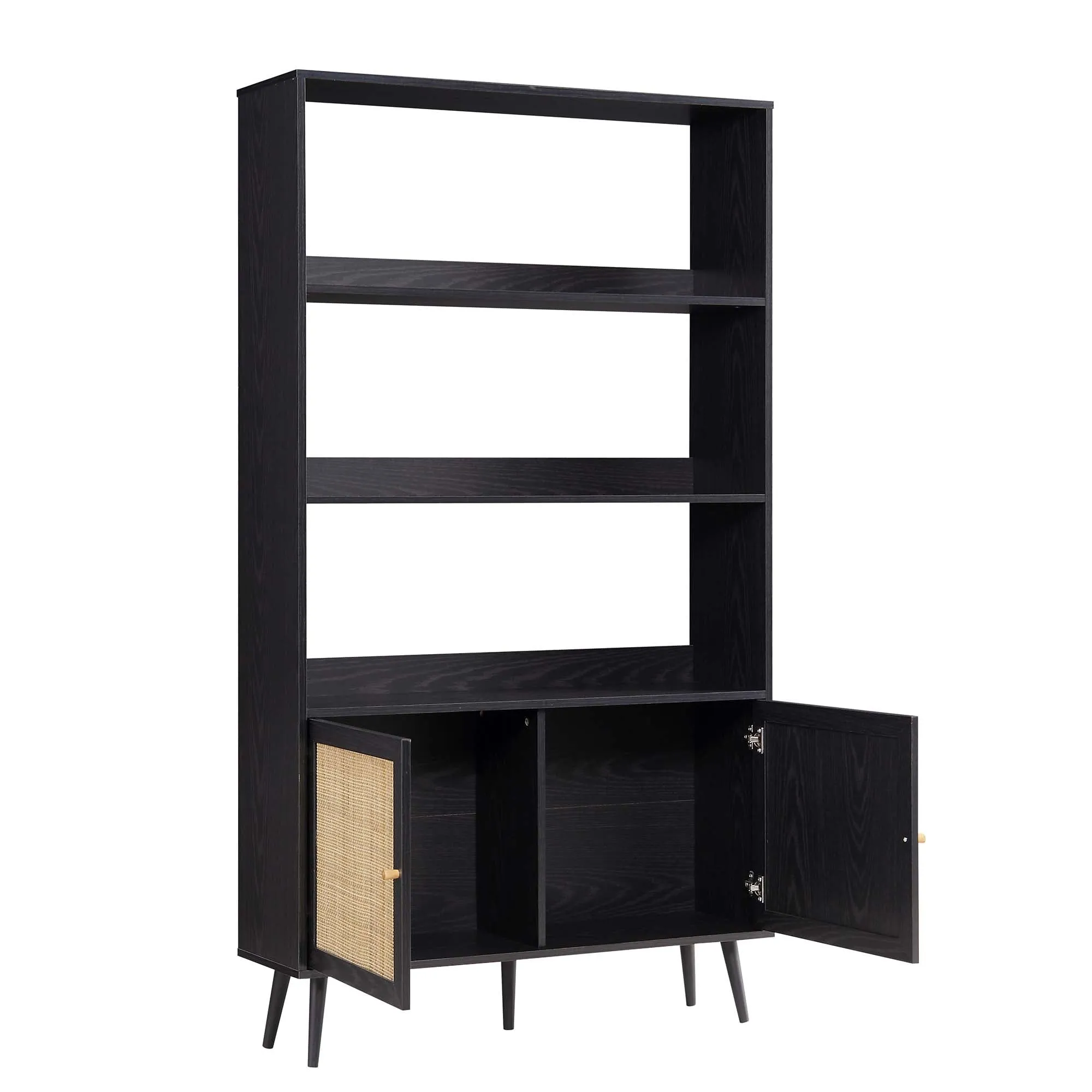 Frances Woven Rattan Bookcase with Doors, Black