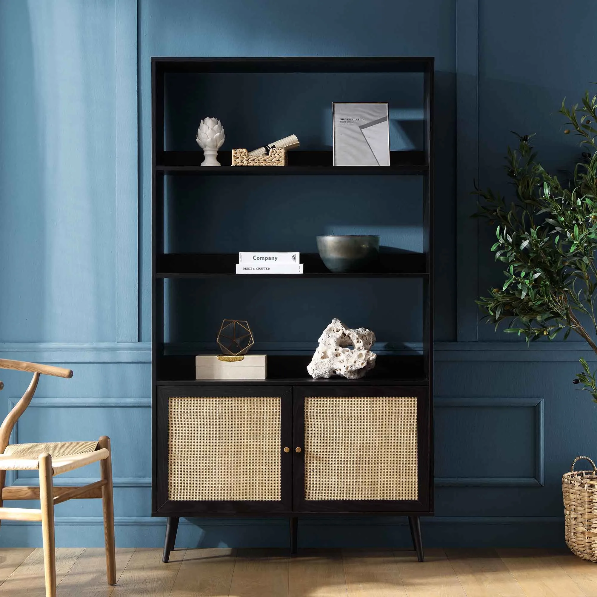 Frances Woven Rattan Bookcase with Doors, Black