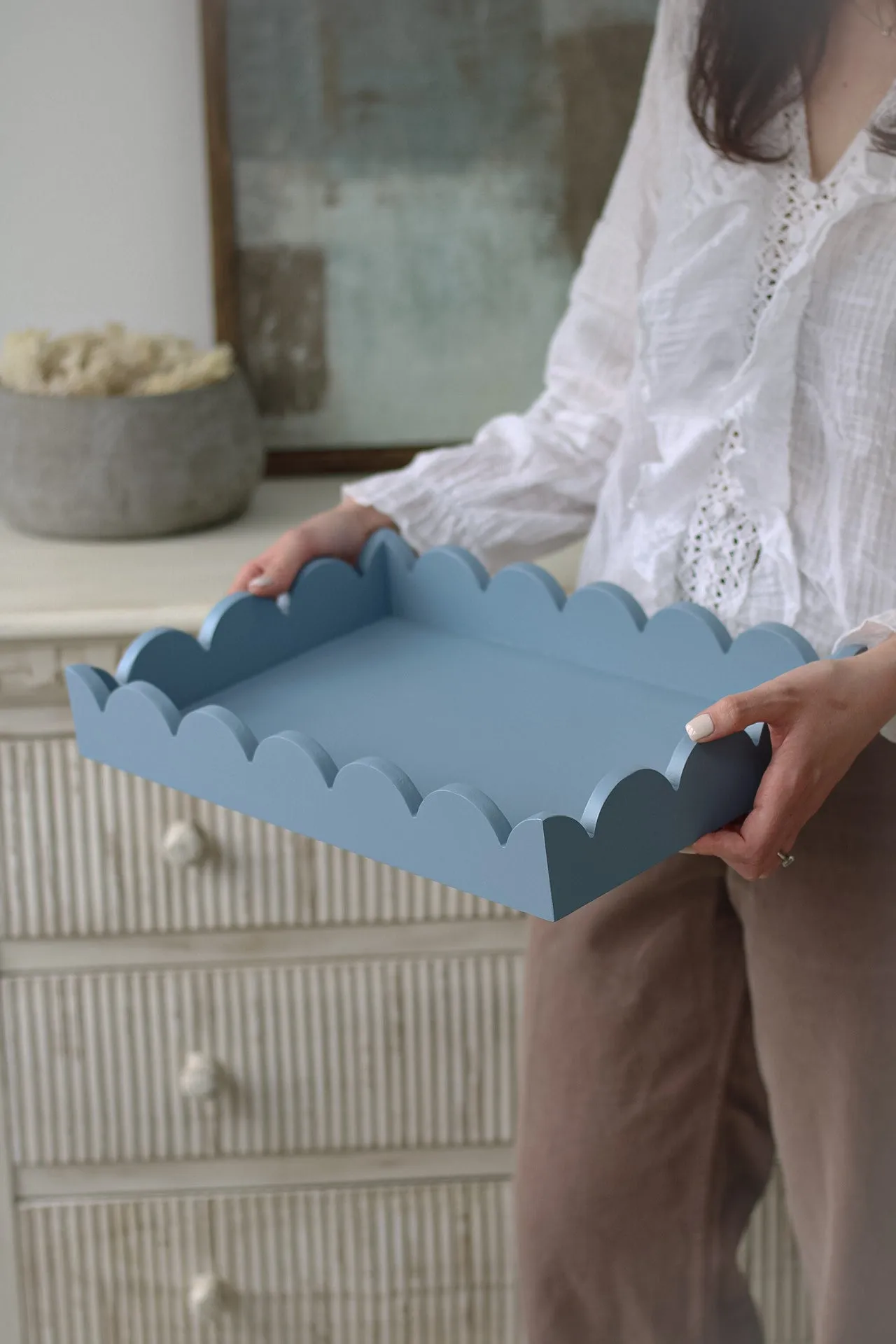 Grey Rectangular Tray with Scallop Edges