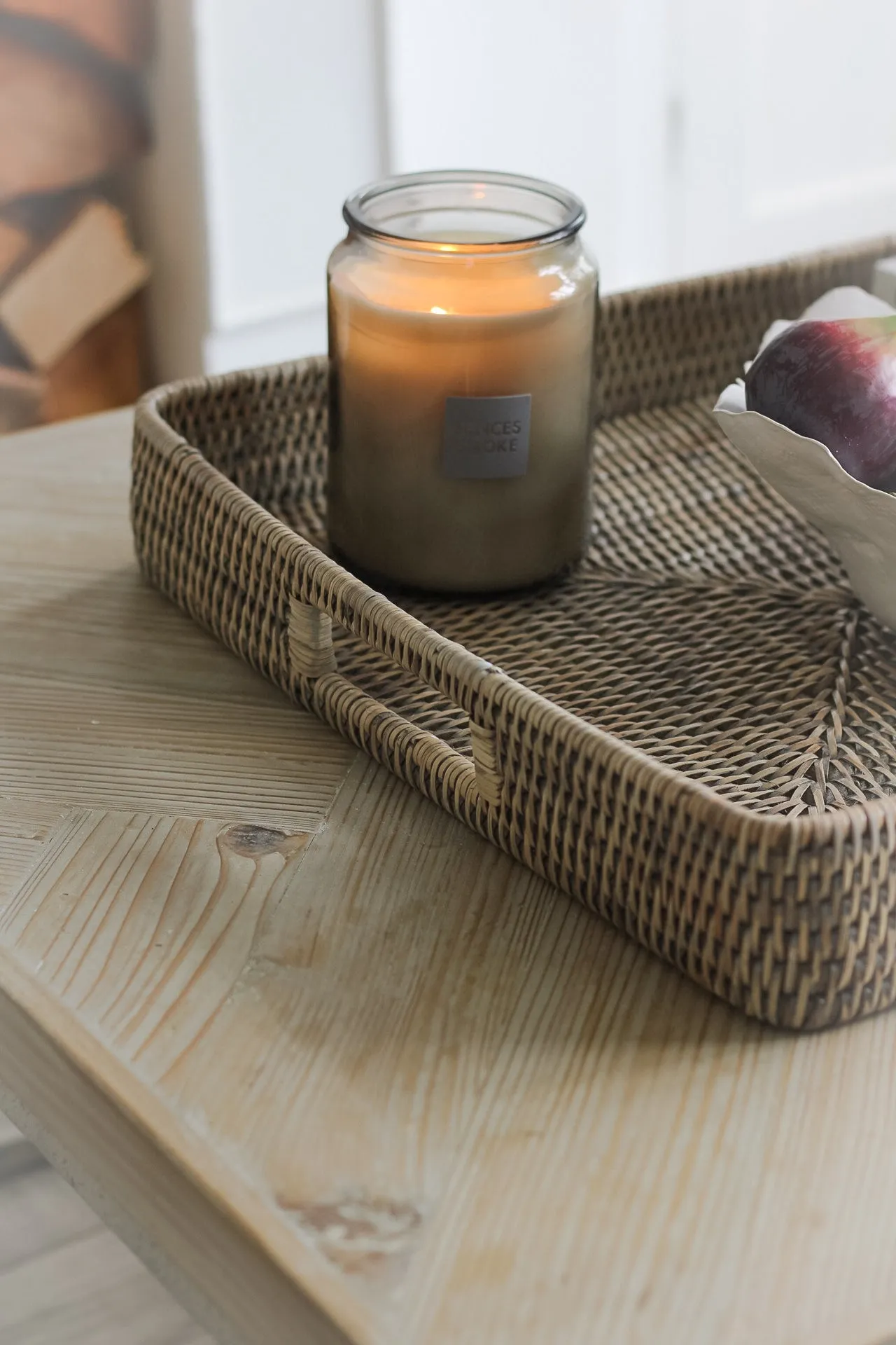 Grey Washed Rattan Ottoman Tray