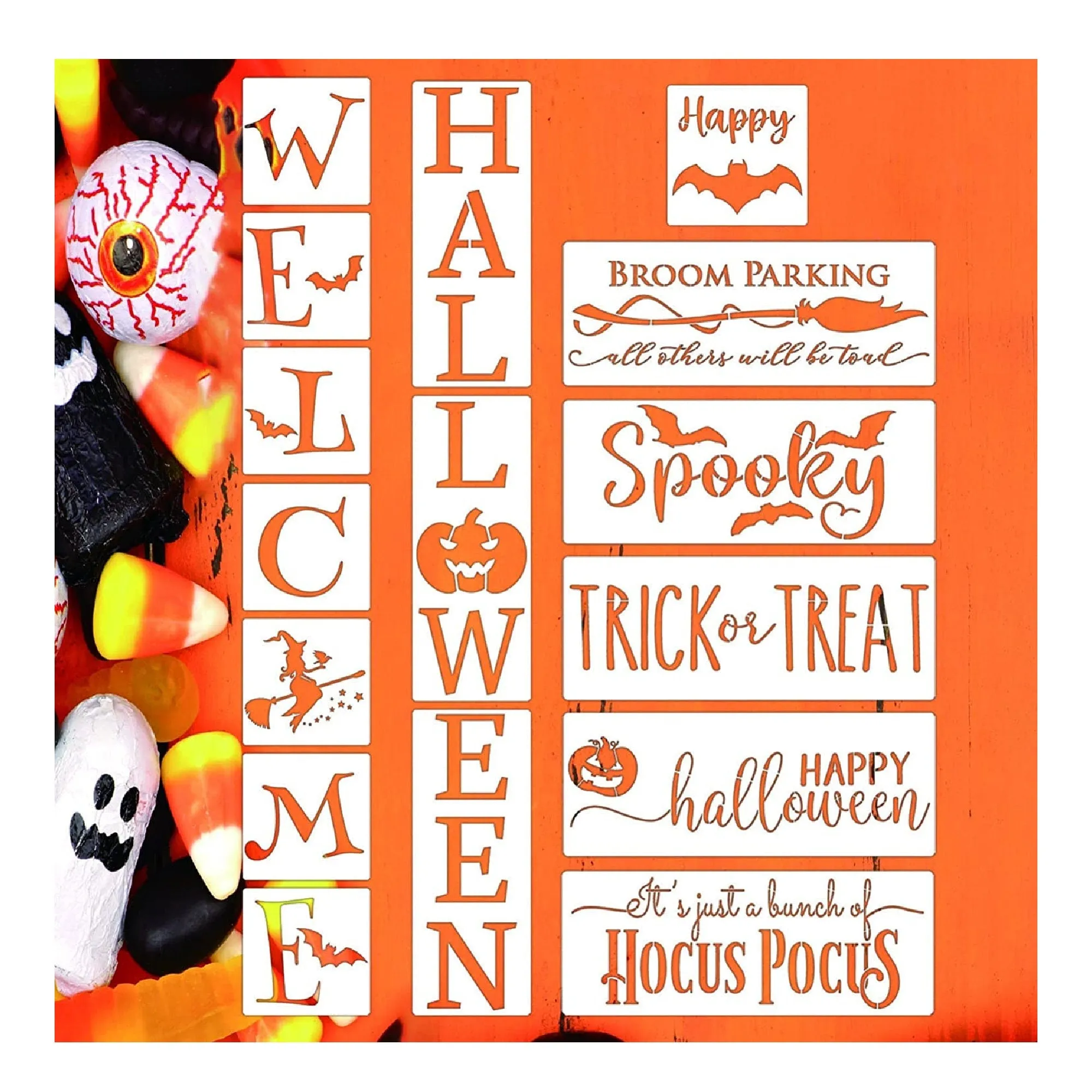 Halloween Welcome Stencils to Paint | Large Happy Halloween Spooky Stencil | Hocus Pocus | Broom Parking | Trick or Treat Drawing Stencils