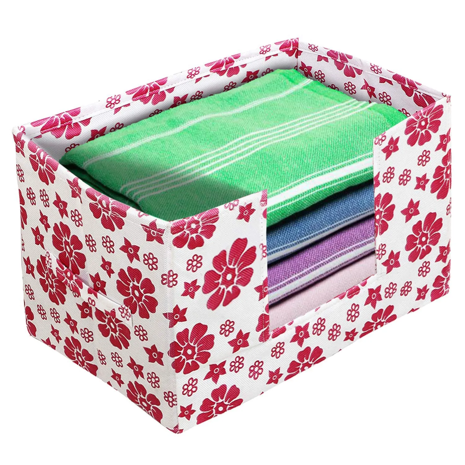 Heart Home Flower Printed Non-Woven Foldable Saree Stacker, Wardrobe Organizer, Storage Bin With Handle- Pack of 2 (Pink)-HS43HEARTH26360