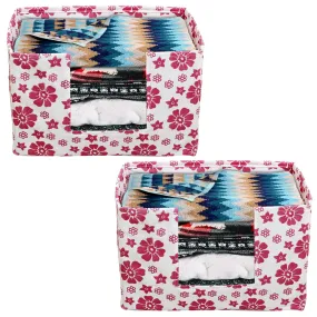 Heart Home Flower Printed Non-Woven Foldable Saree Stacker, Wardrobe Organizer, Storage Bin With Handle- Pack of 2 (Pink)-HS43HEARTH26360