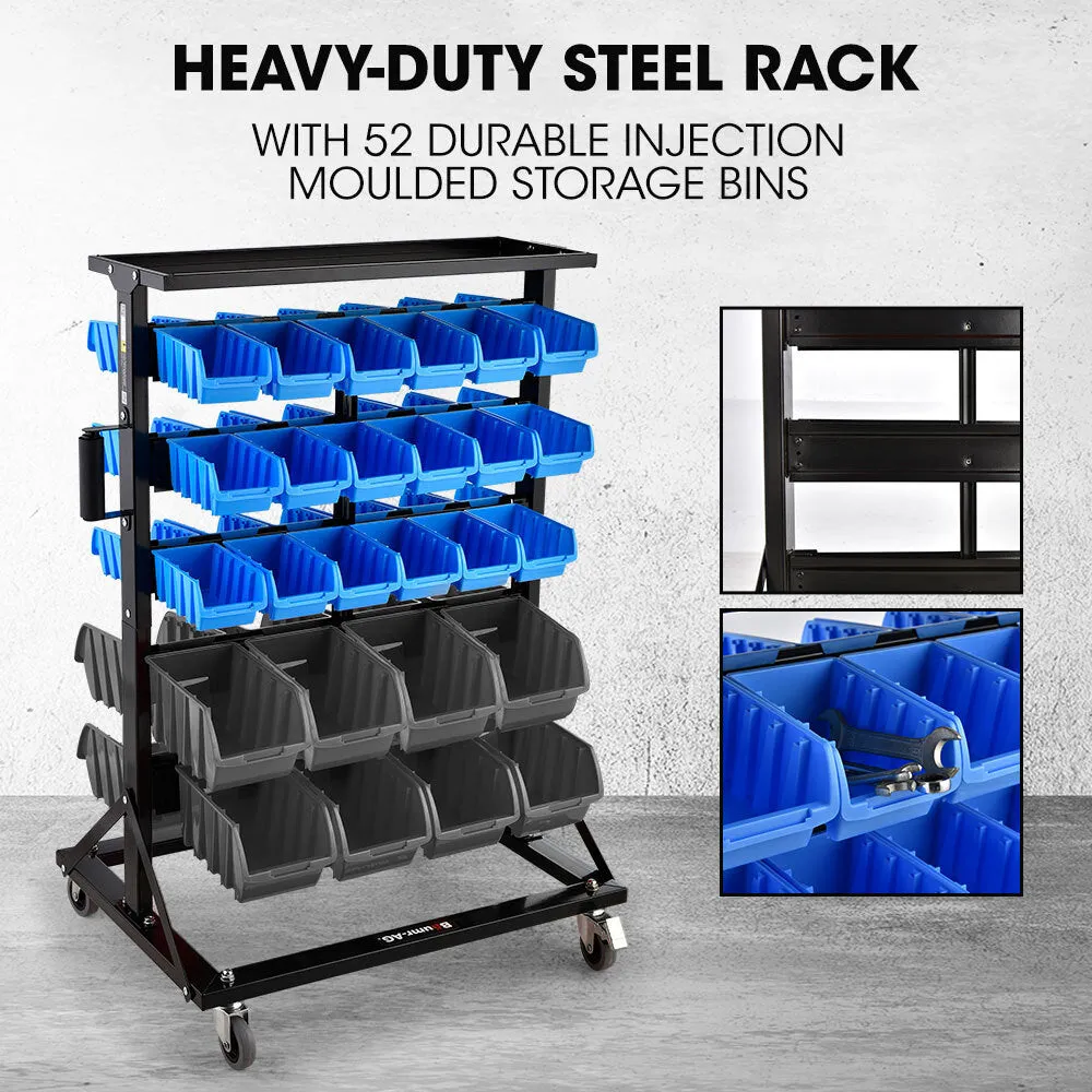 Heavy-Duty 52-Bin Storage Rack System - Mobile, Double-Sided