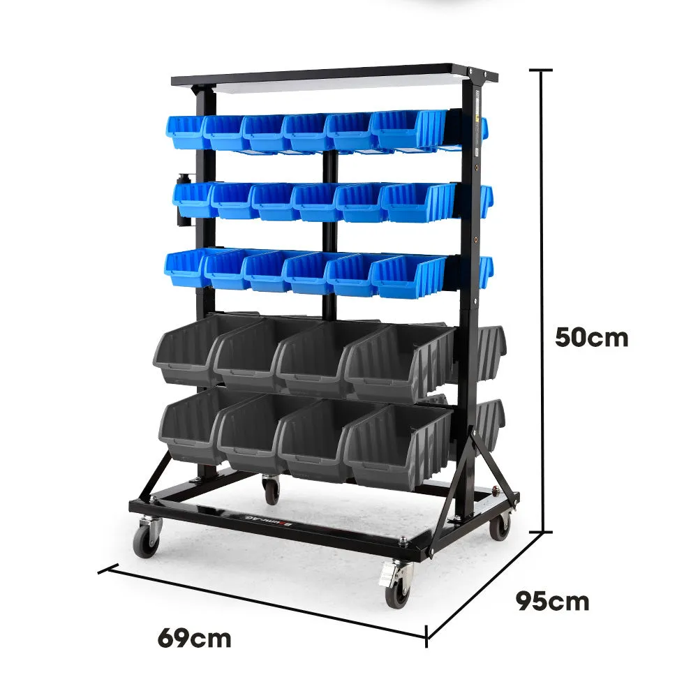 Heavy-Duty 52-Bin Storage Rack System - Mobile, Double-Sided