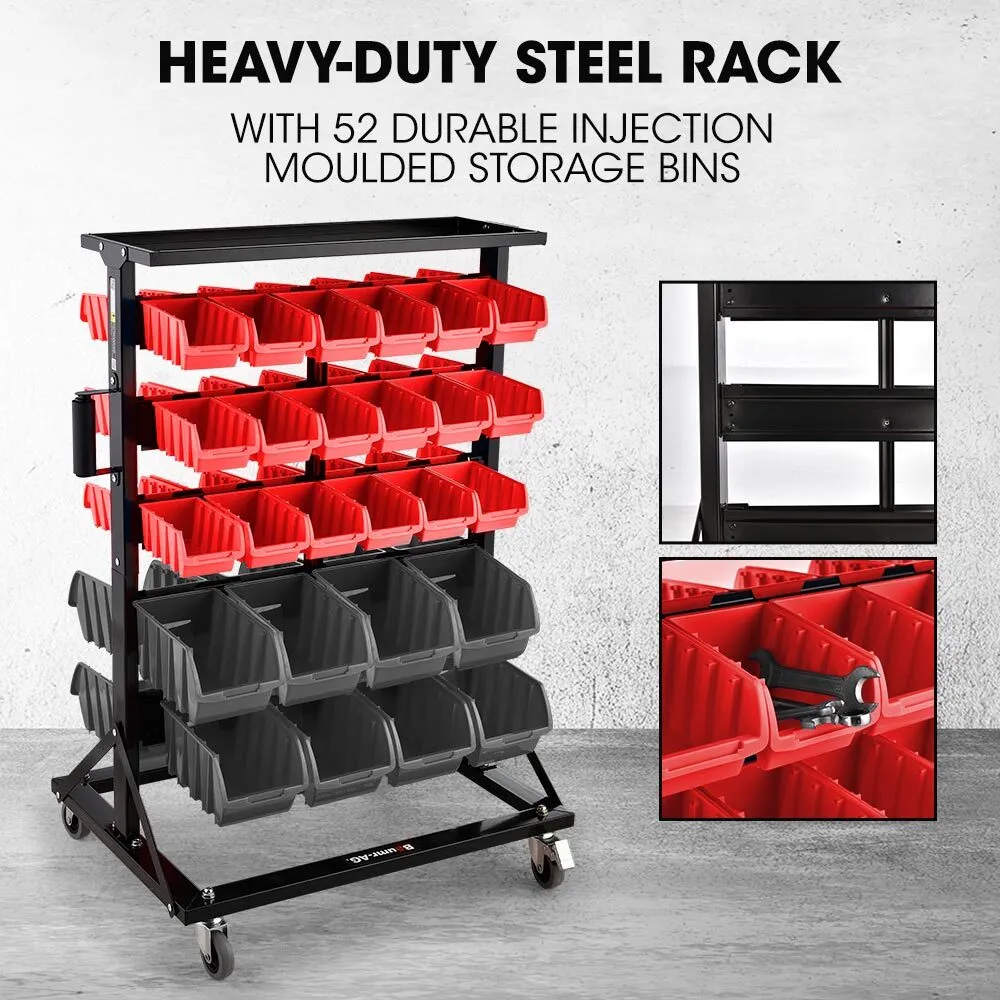 Heavy-Duty Mobile Double-Sided Bin Rack, 52 Bins, Baumr-AG