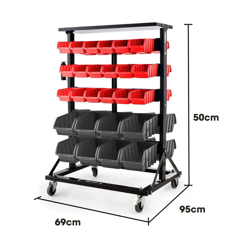 Heavy-Duty Mobile Double-Sided Bin Rack, 52 Bins, Baumr-AG