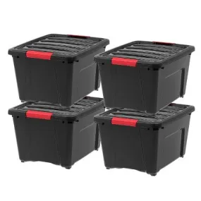 IRIS USA 4 Pack 32 Qt Stackable Plastic Storage Bins with Lids, BPA Free, Garage Organizing Solution, Latches, Durable Nestable Containers, Black