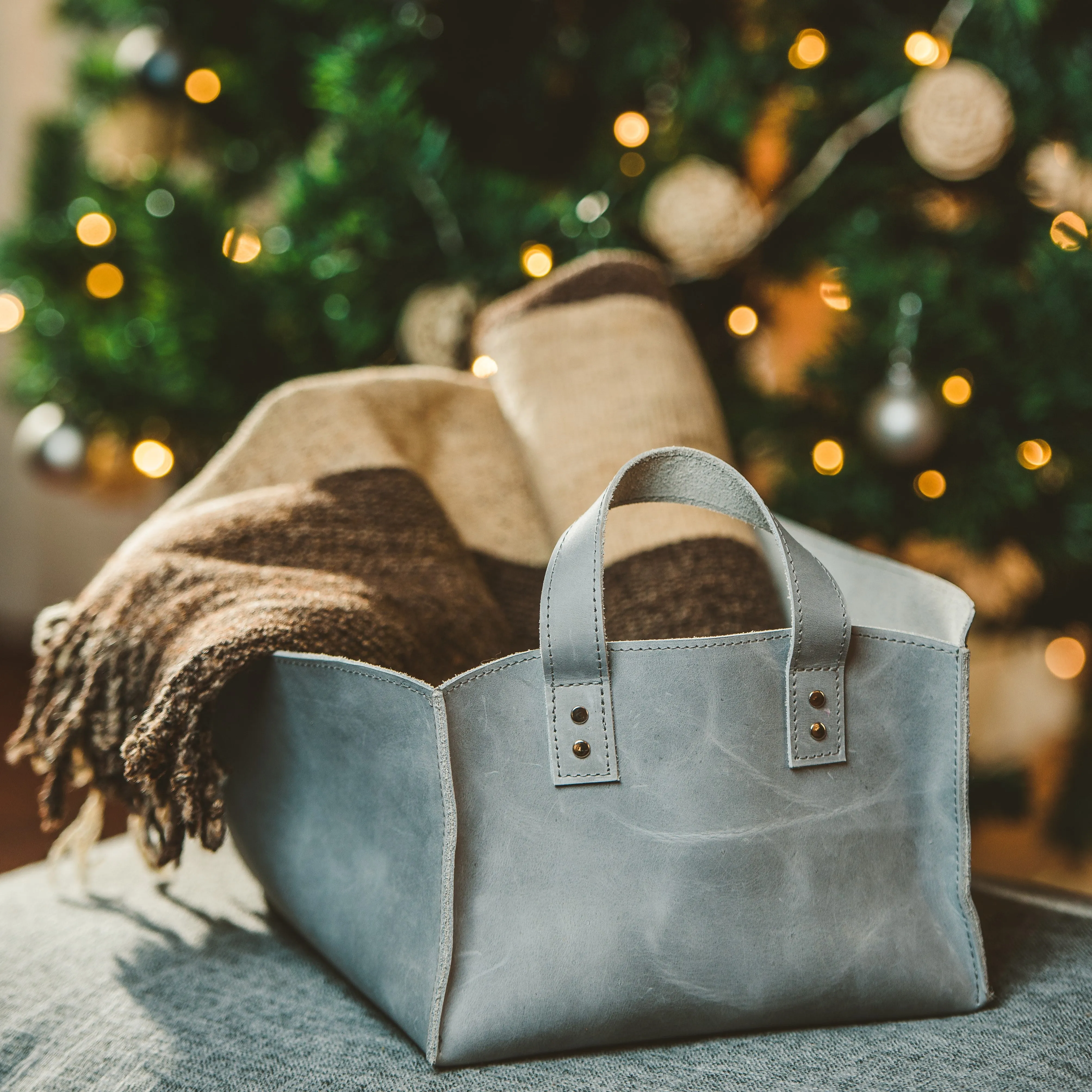 Leather Storage Bins in Glacial Gray