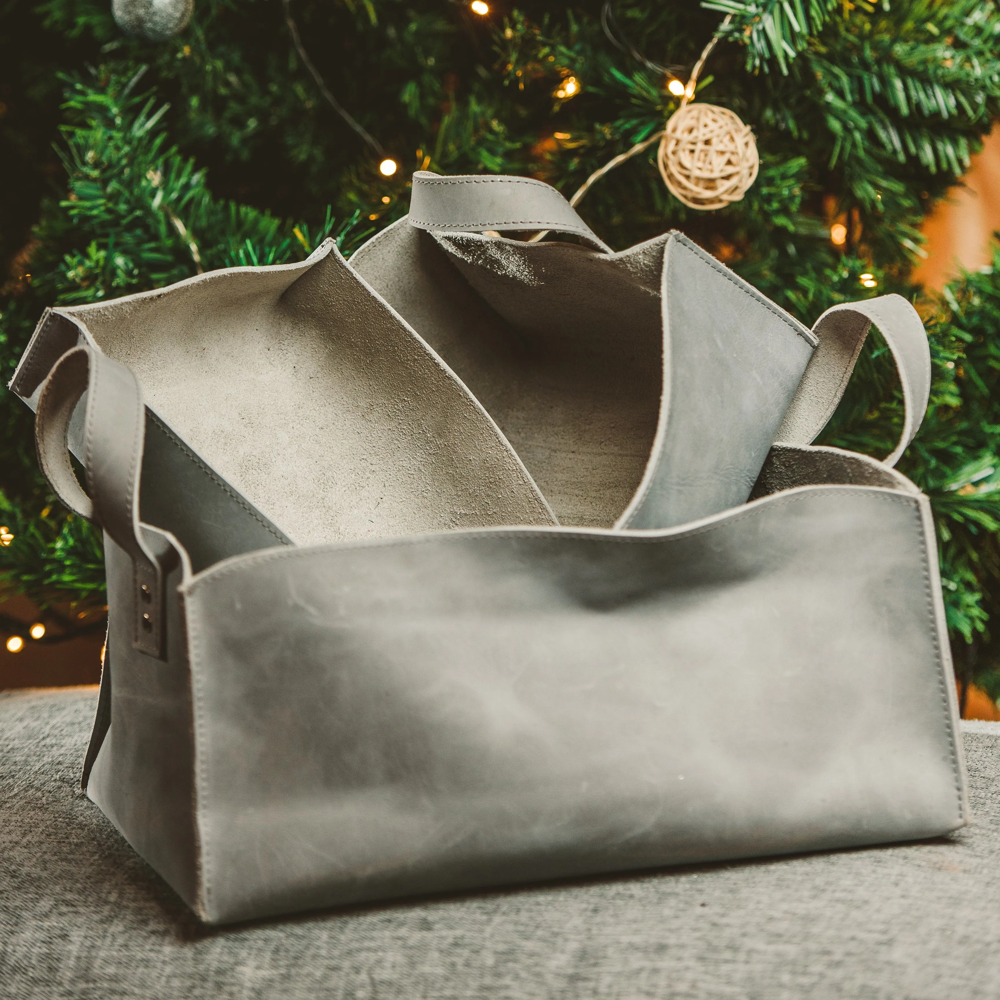 Leather Storage Bins in Glacial Gray