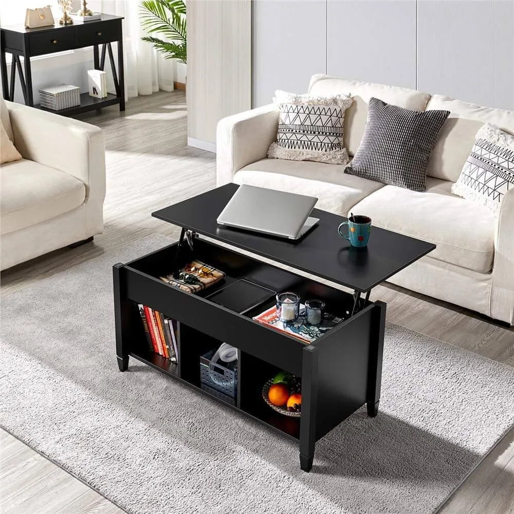 Lift Tabletop Coffee Tables Wood Living Room Furniture Hidden Compartment, Black