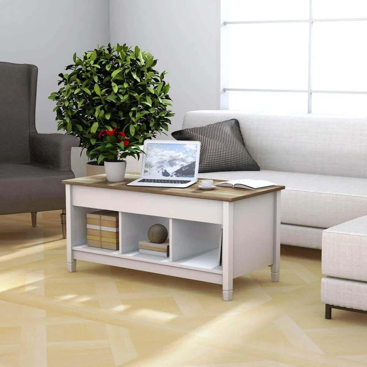 Lift Top Coffee Table Living Room Modern Pop-Up Storage Coffee Table with Hidden Compartment, White