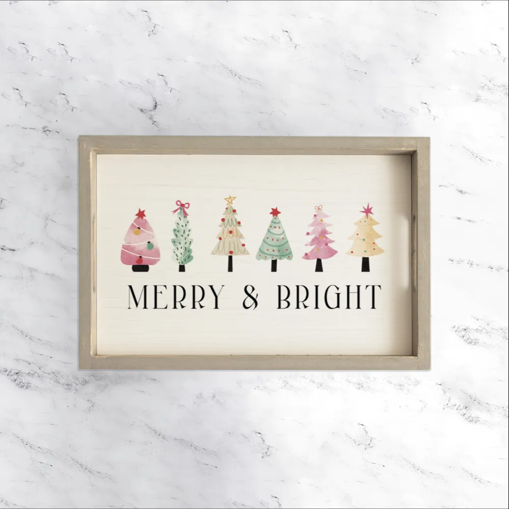 Merry & Bright Festive Christmas Trees Wooden Serving Tray