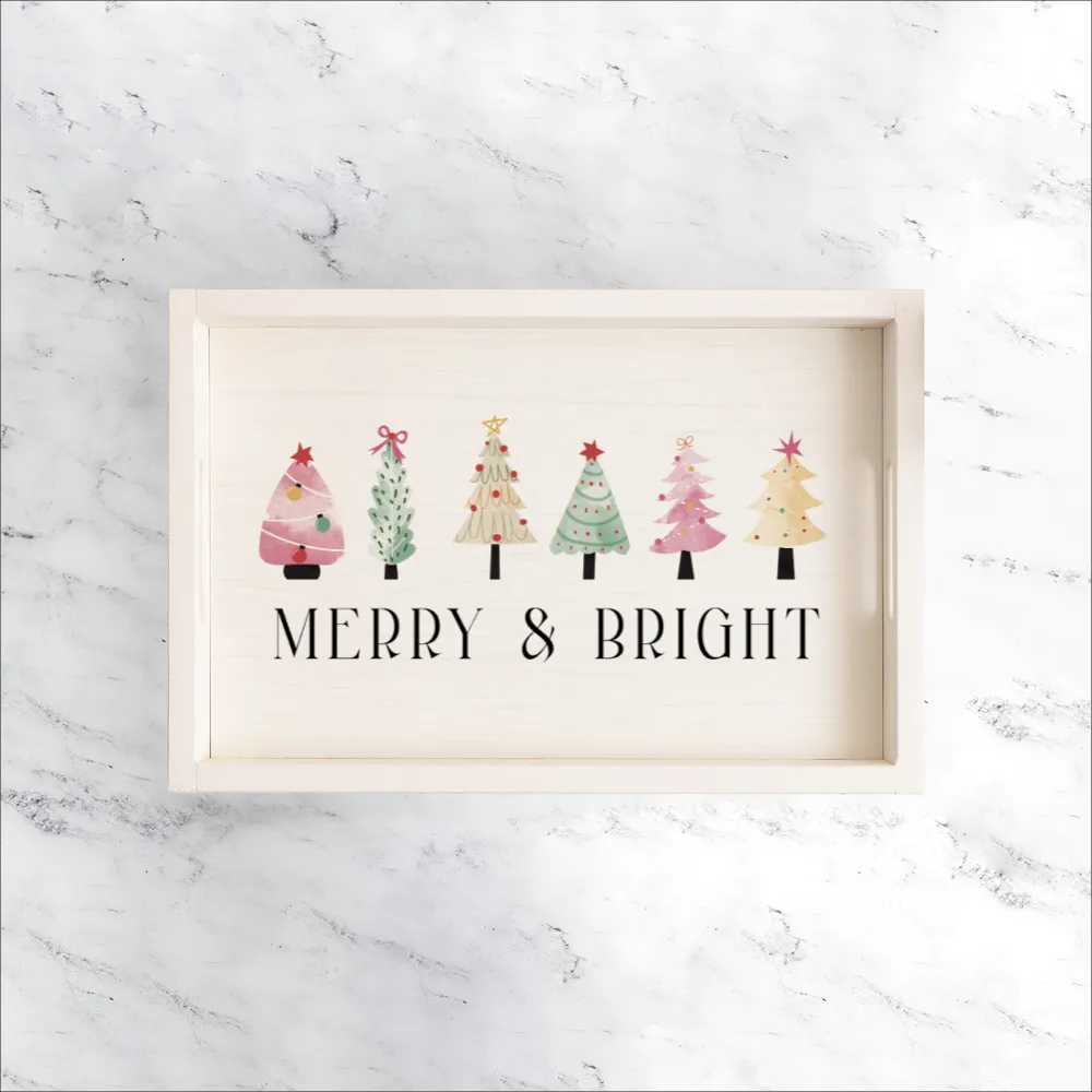 Merry & Bright Festive Christmas Trees Wooden Serving Tray