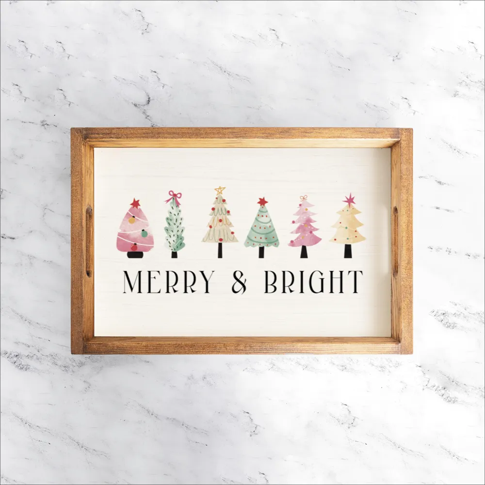 Merry & Bright Festive Christmas Trees Wooden Serving Tray