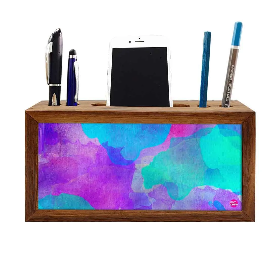 Pen and Mobile Stand Desk Organizer for Office - Watercolors Pink & Blue