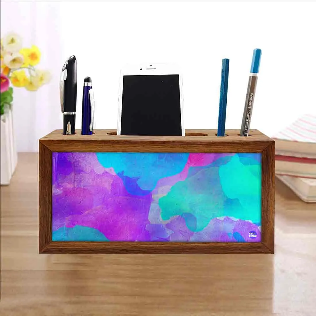 Pen and Mobile Stand Desk Organizer for Office - Watercolors Pink & Blue