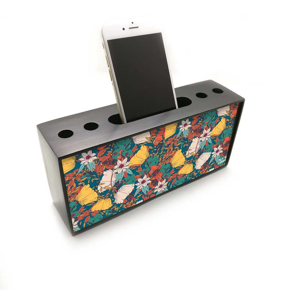 Pen Mobile Stand Holder Desk Organizer - Rust Flowers