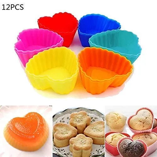 Petals Reusable Non-Stick and Heat Resistant Silicone 12 Pieces Heart Shape Mould for Muffins/Cupcake/Jelly/Cake (Random Colour)