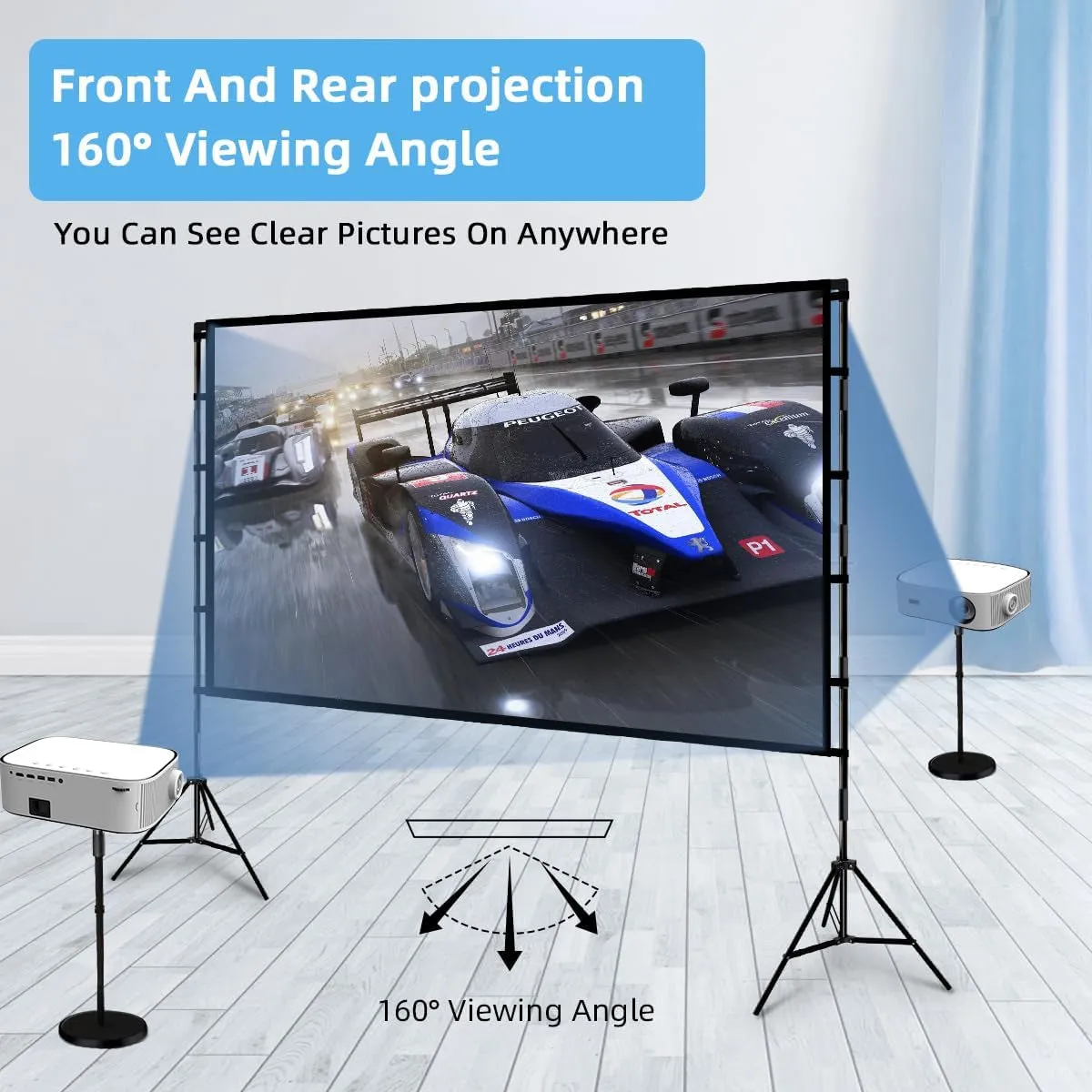 Projector Screen and Stand,  120 Inch Portable Projector Screen Indoor Outdoor Projector Screen 16:9 4K HD Wrinkle-Free Lightweight Movie Screen with Carry Bag for Backyard Movie Night