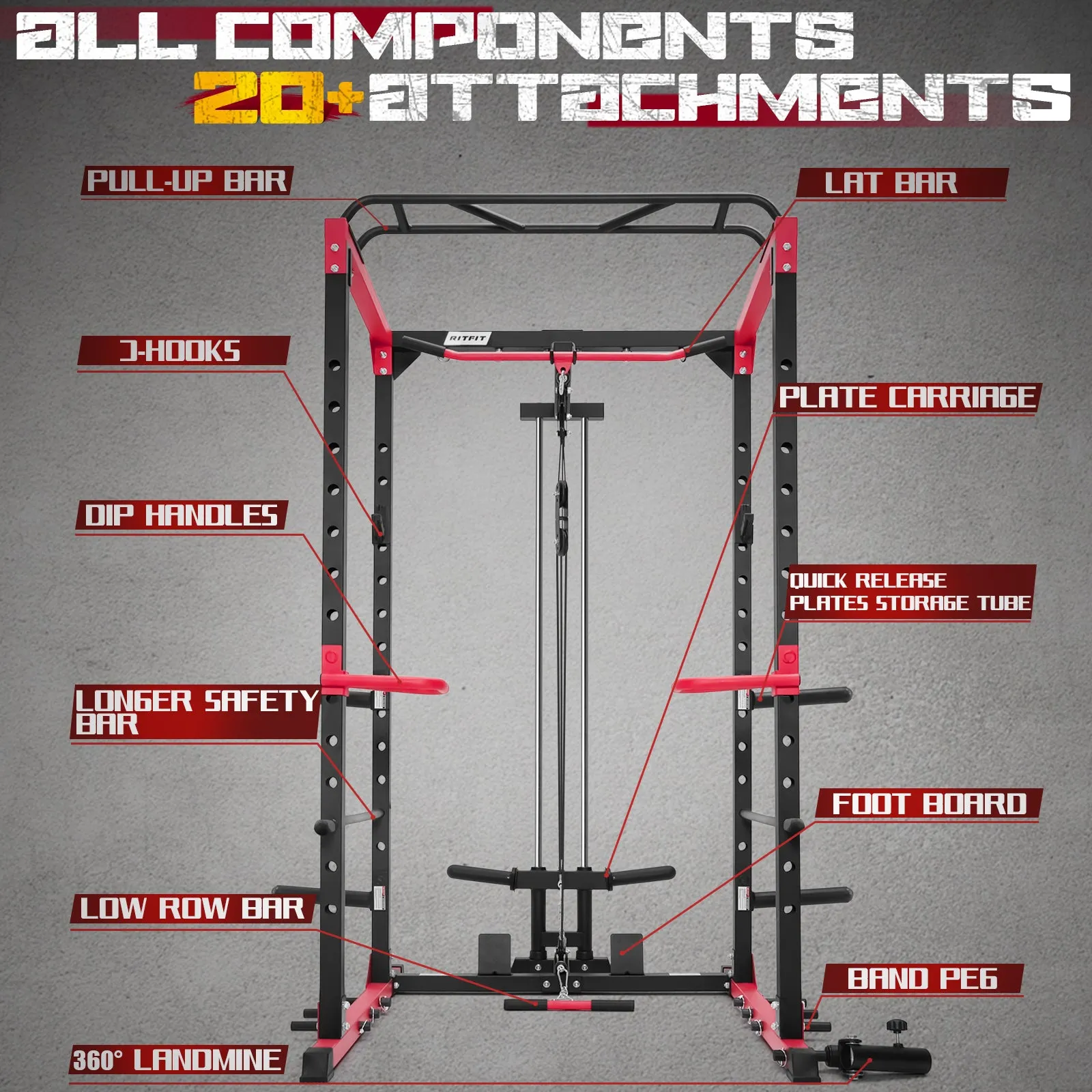 RitFit PPC02C Squat Rack with LAT Pulldown for Home Gym