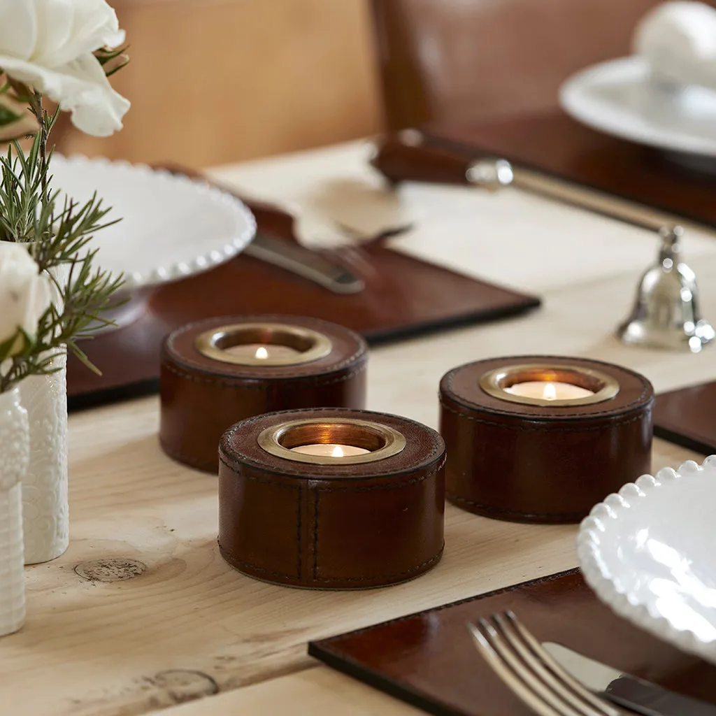 Set Of Three Leather Tealight Holders