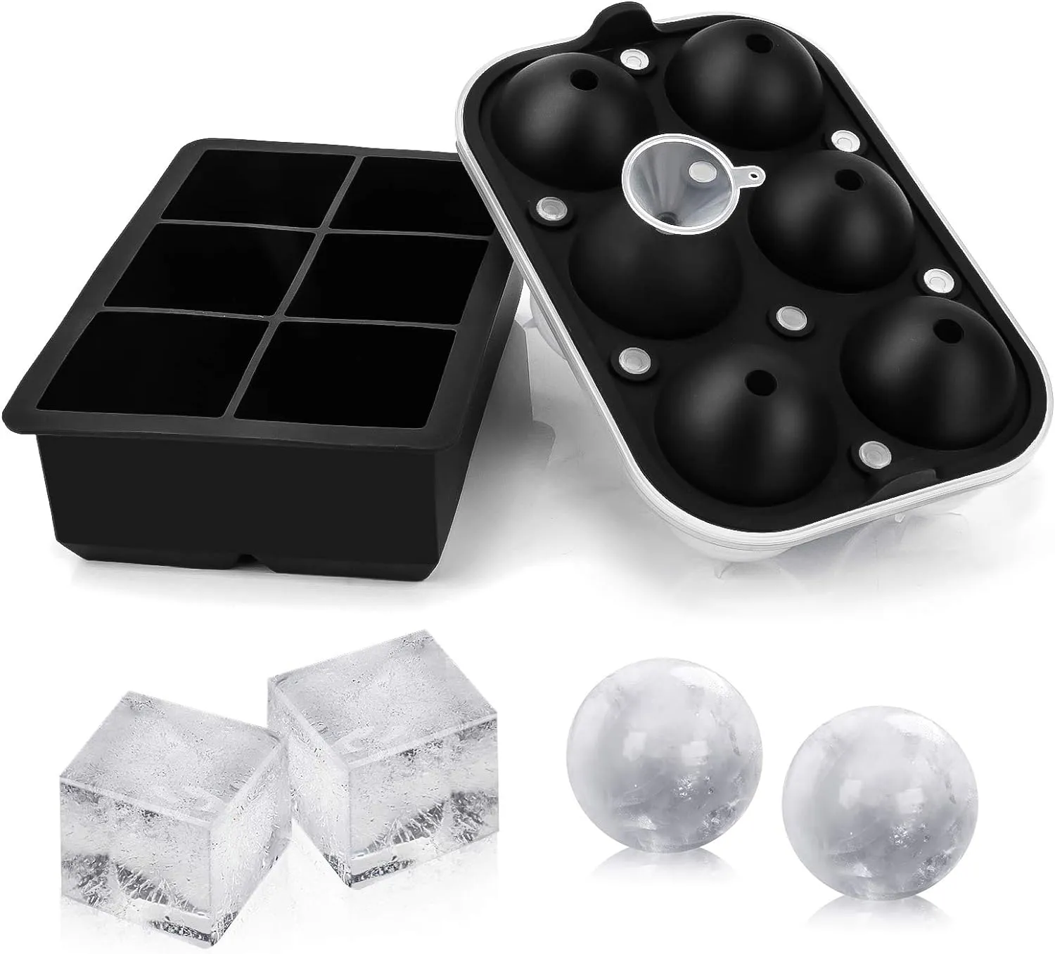 Silicone Sphere Whiskey Ice Ball Maker with Lids & Large Square Ice Cube Molds for Cocktails & Bourbon - Reusable & BPA Free