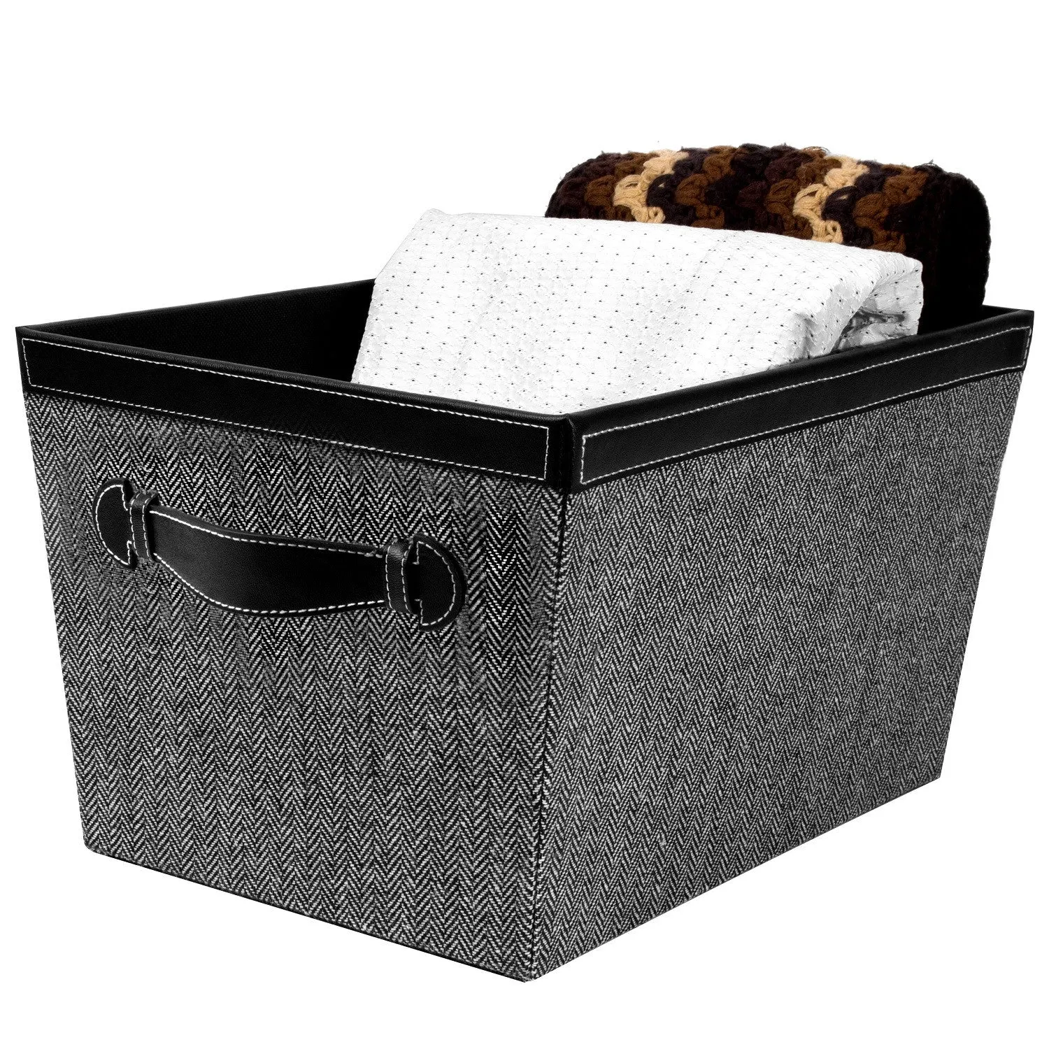 Storage Bin with Handles, Herringbone Black