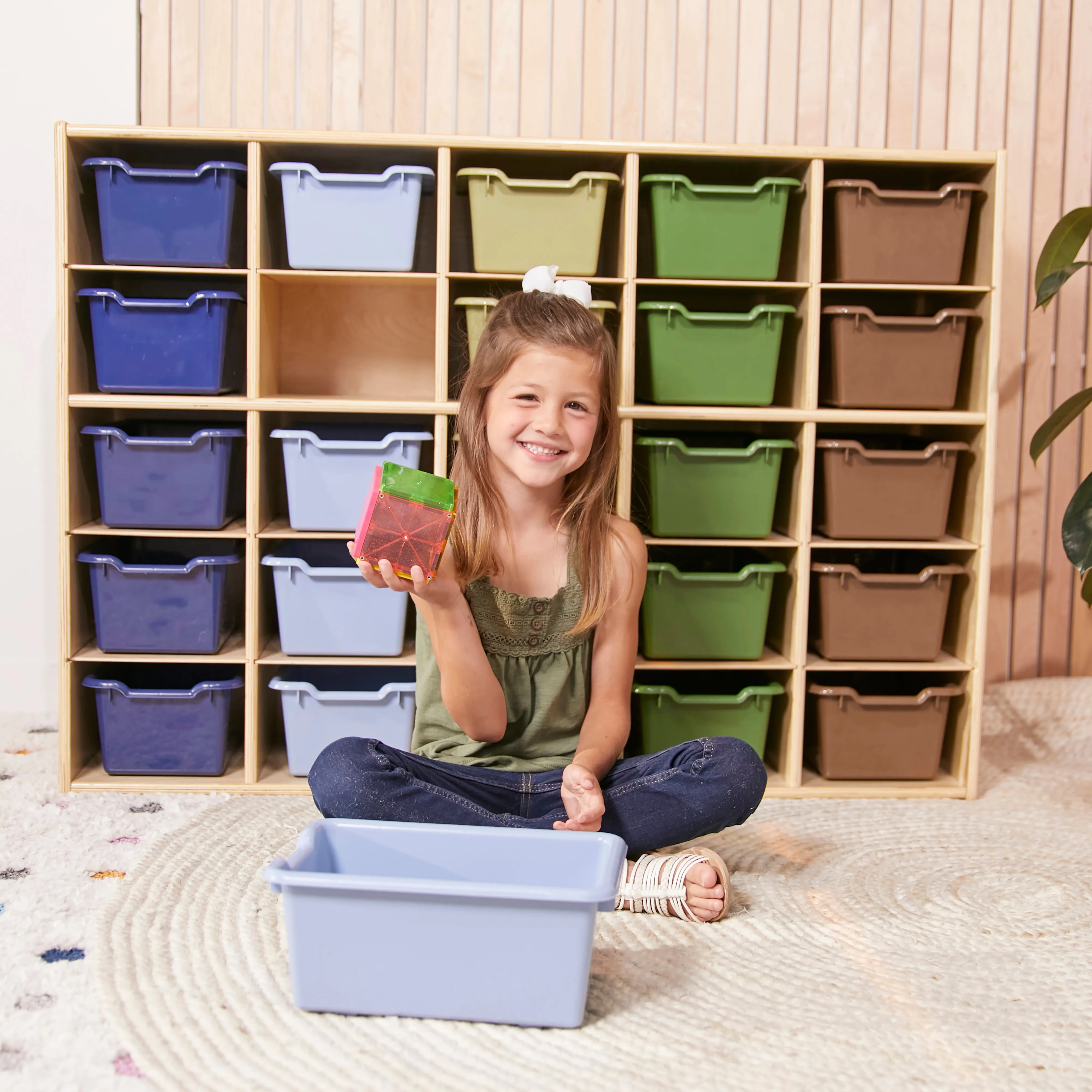 Streamline 25 Cubby Tray Cabinet with Scoop Front Storage Bins, 5x5, Natural, Classroom Furniture