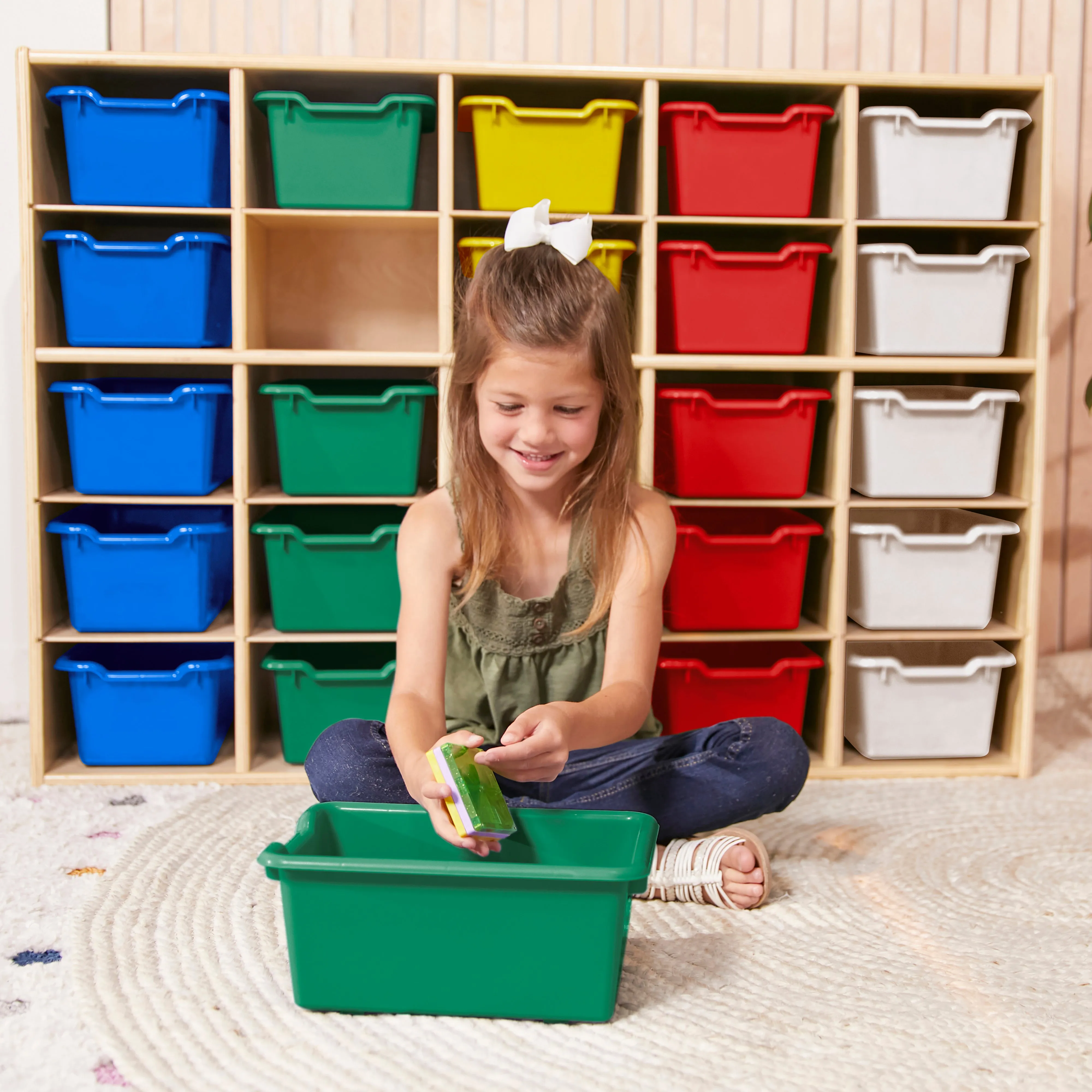 Streamline 25 Cubby Tray Cabinet with Scoop Front Storage Bins, 5x5, Natural, Classroom Furniture