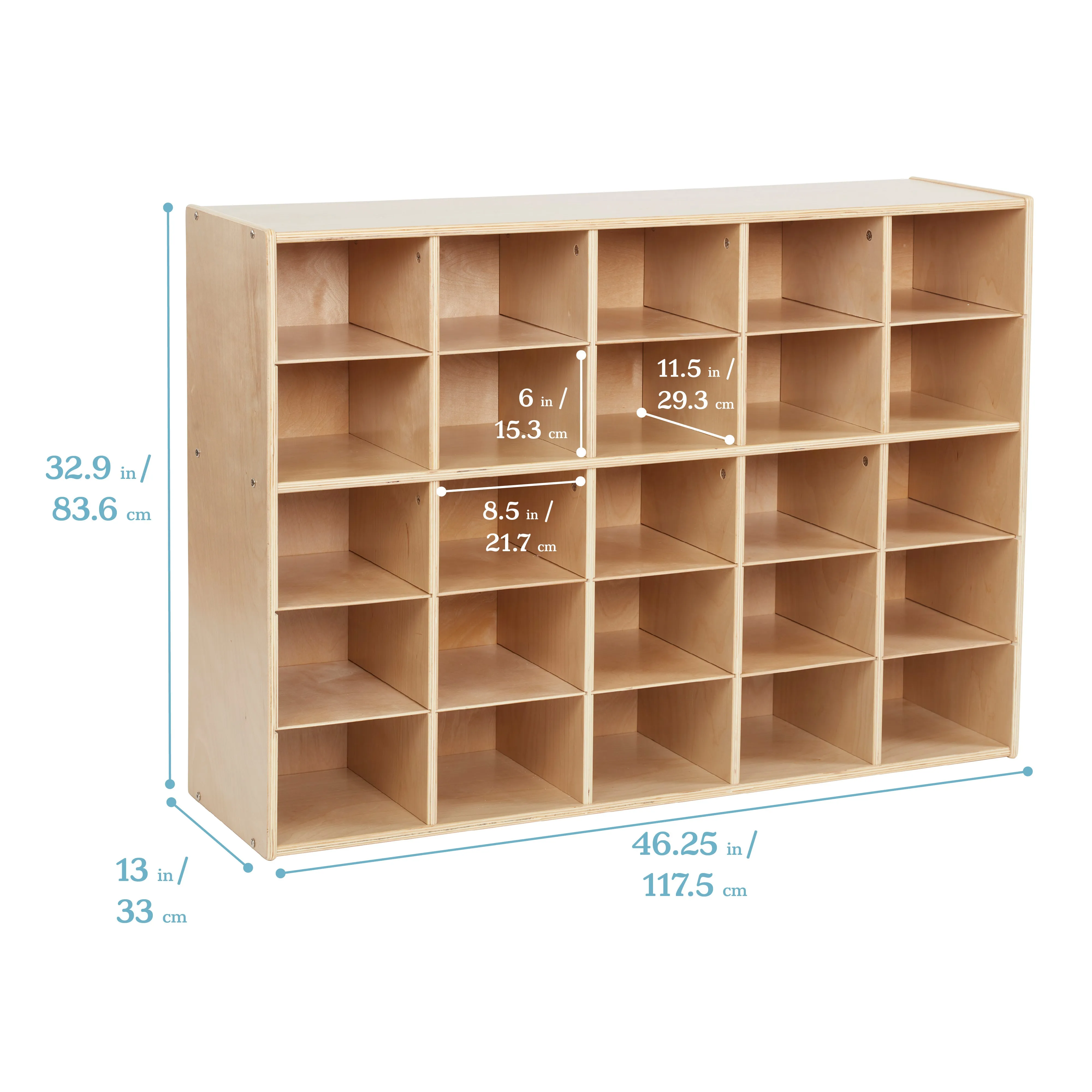 Streamline 25 Cubby Tray Cabinet with Scoop Front Storage Bins, 5x5, Natural, Classroom Furniture