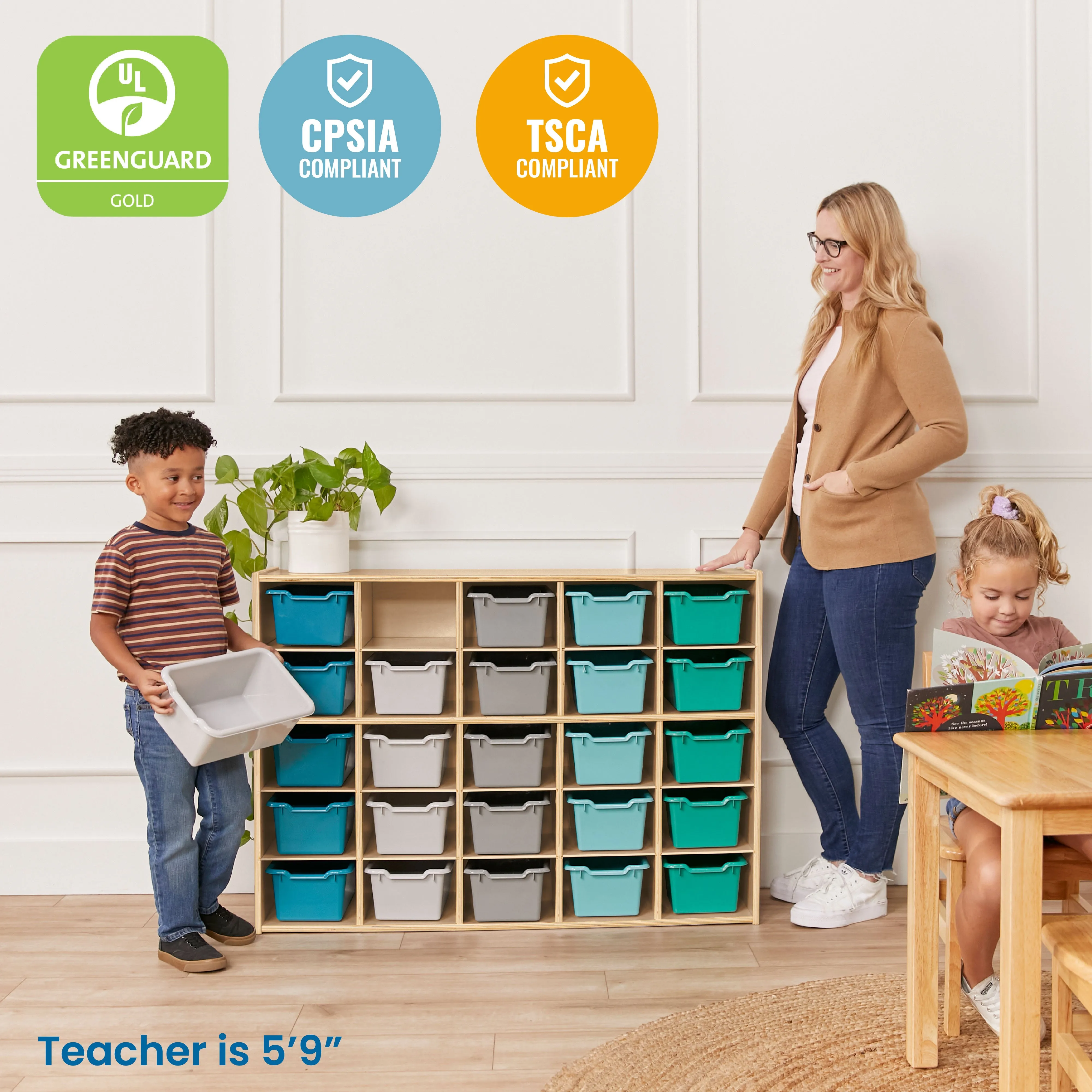 Streamline 25 Cubby Tray Cabinet with Scoop Front Storage Bins, 5x5, Natural, Classroom Furniture